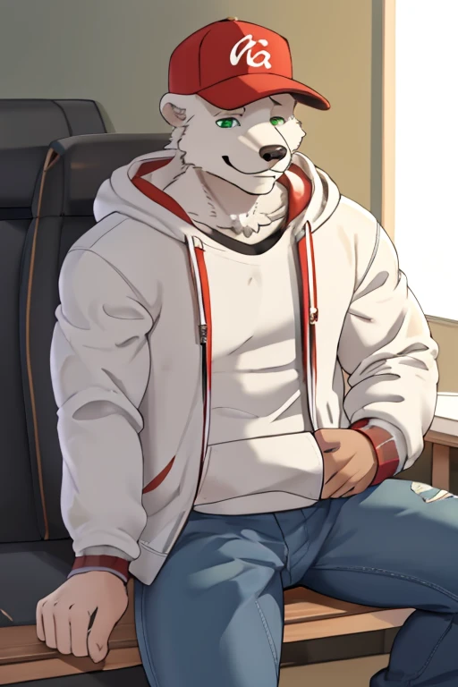 a short thin White furred Polar bear wearing a closed hoodie jeans and a denim baseball cap with green eyes SFW