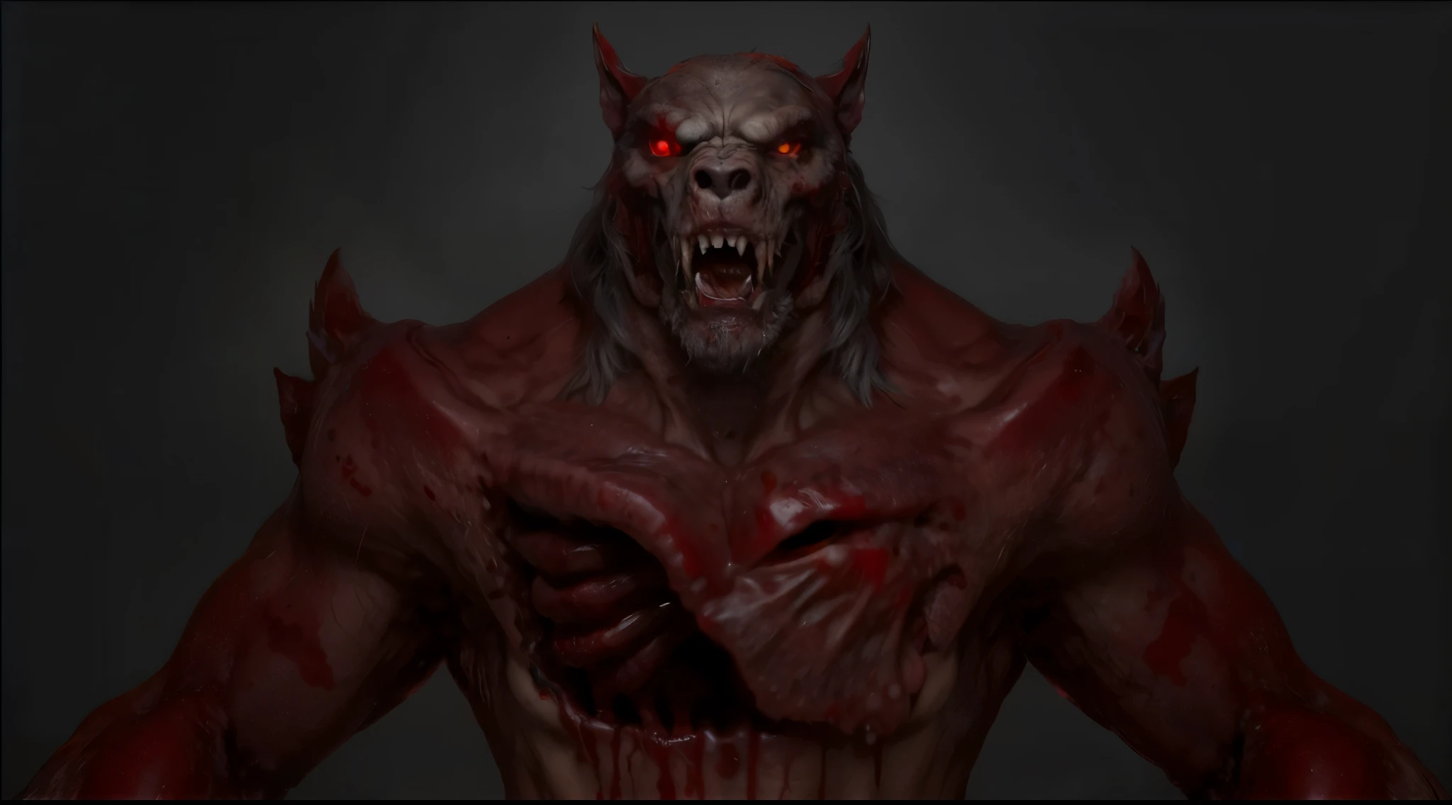 (masterpiece),(best quality:1.0),(ultra high resolution:1.0),monster, werewolf, zombie wolf, zombie , red eyes, blood in the body, menacing look, fangs, wolfteam, face focus, 8k wallpaper, full body