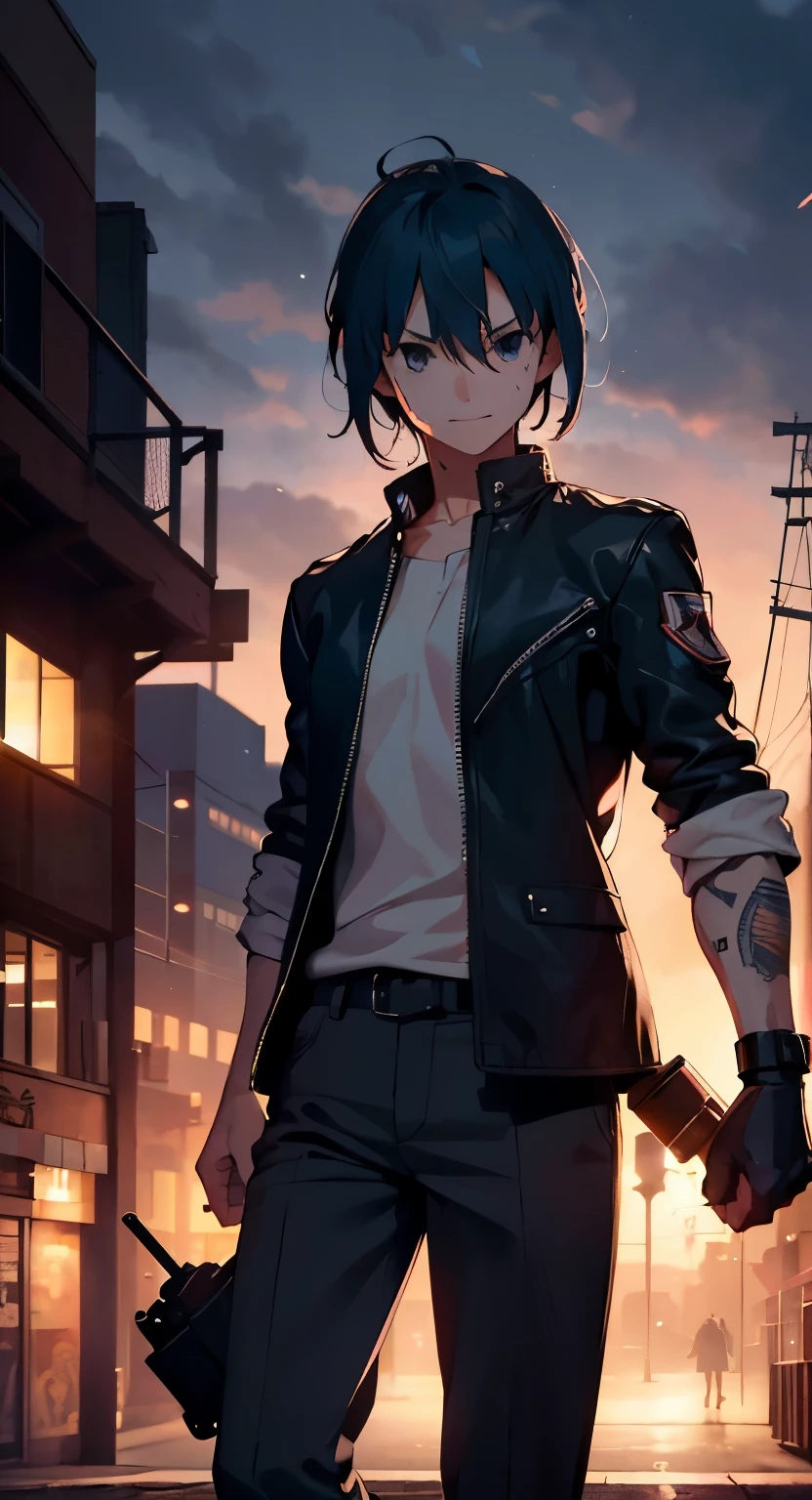 (Best Quality,4K,hight resolution,masutepiece:1.2),Ultra-detailed,(Realistic,photoRealistic,photo-Realistic:1.37),Japan high school boy in uniform,Energetic and lively look,Yankee-like attitude,Illustration,Graffiti, landscape,Vibrant colors,streetart,expressive facial features,Bold and confident look,youth and rebellious spirit,Artistic style,Gritty atmosphere,Dynamic Poses,background with Graffiti tags,Motion blur effect,Impressive hairstyle,Stylish accessories,strong and muscular physique,Tattoos and piercings,wearing leather jacket,I can see the sweat dripping from my forehead,sharp focus on facial features,Captures the strength and energy of the character,Playful and mischievous expressions,Subtle hints of a mischievous smile,powerful brush strokes, The street lamps illuminate the protagonist with warm light....,Atmosphere wrapped in warm light Illustration from head to toe 全身が見えるこうず