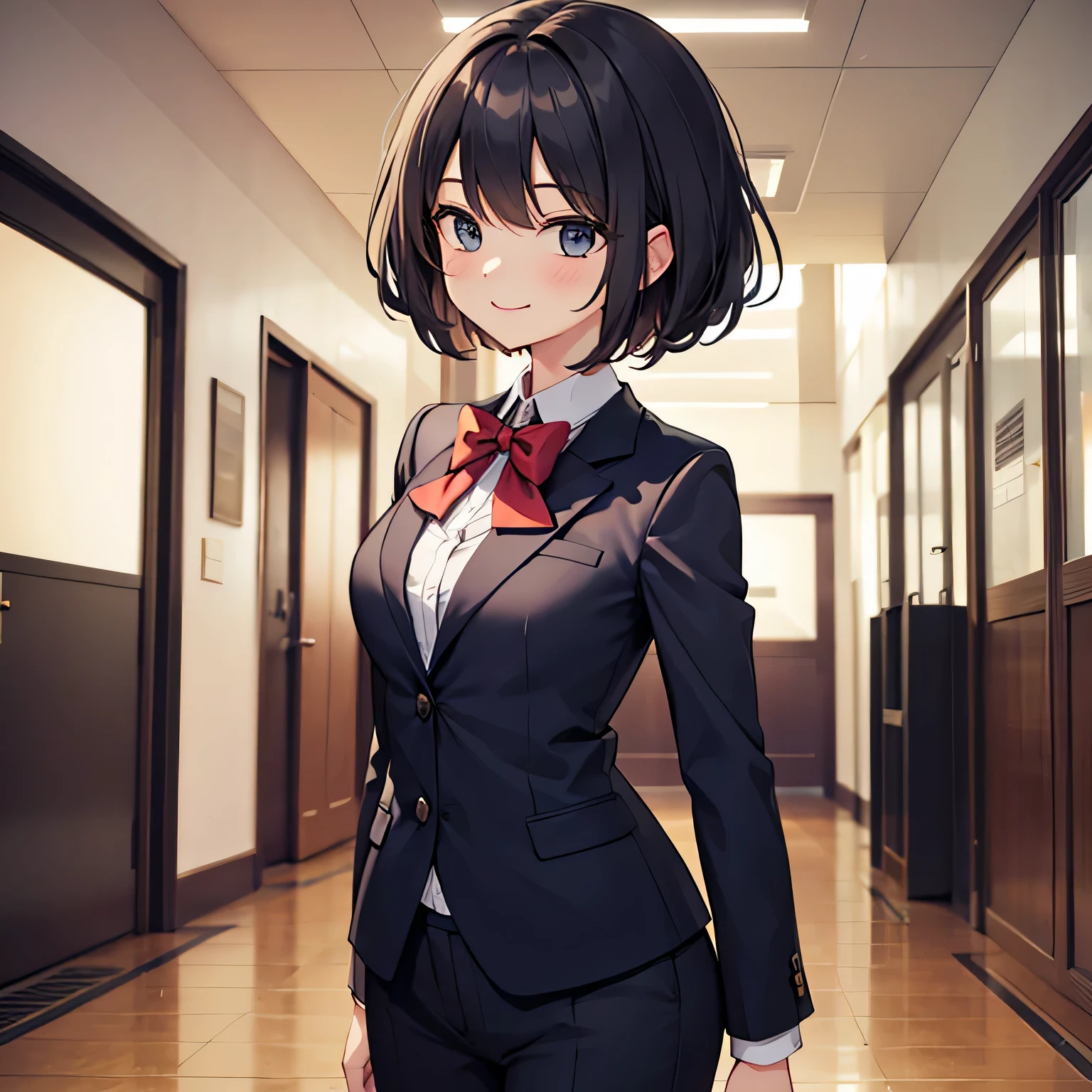 A woman in a suit smiling and bowing her head in gratitude.