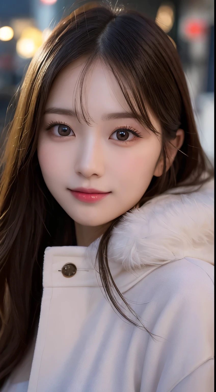 masutepiece, Best Quality, Illustration, Ultra-detailed, finely detail, hight resolution, 8K Wallpaper, Perfect dynamic composition, Beautiful detailed eyes, Women's fashion in winter,straight haired,small tits、Natural Color Lip, Bold sexy poses,Smile、20 years girl、Cute、Sexy shot looking at camera,nighttime scene,Beautiful detailed face、KPOP Idol Face,Japan Idol Face,slim face and body,Small face,Big eyes,Very cute face,Do gal makeup,Fluffy coat