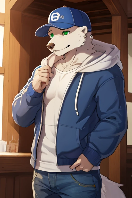 a short thin White furred Polar bear wearing a black hoodie jeans and a denim baseball cap with green eyes SFW
