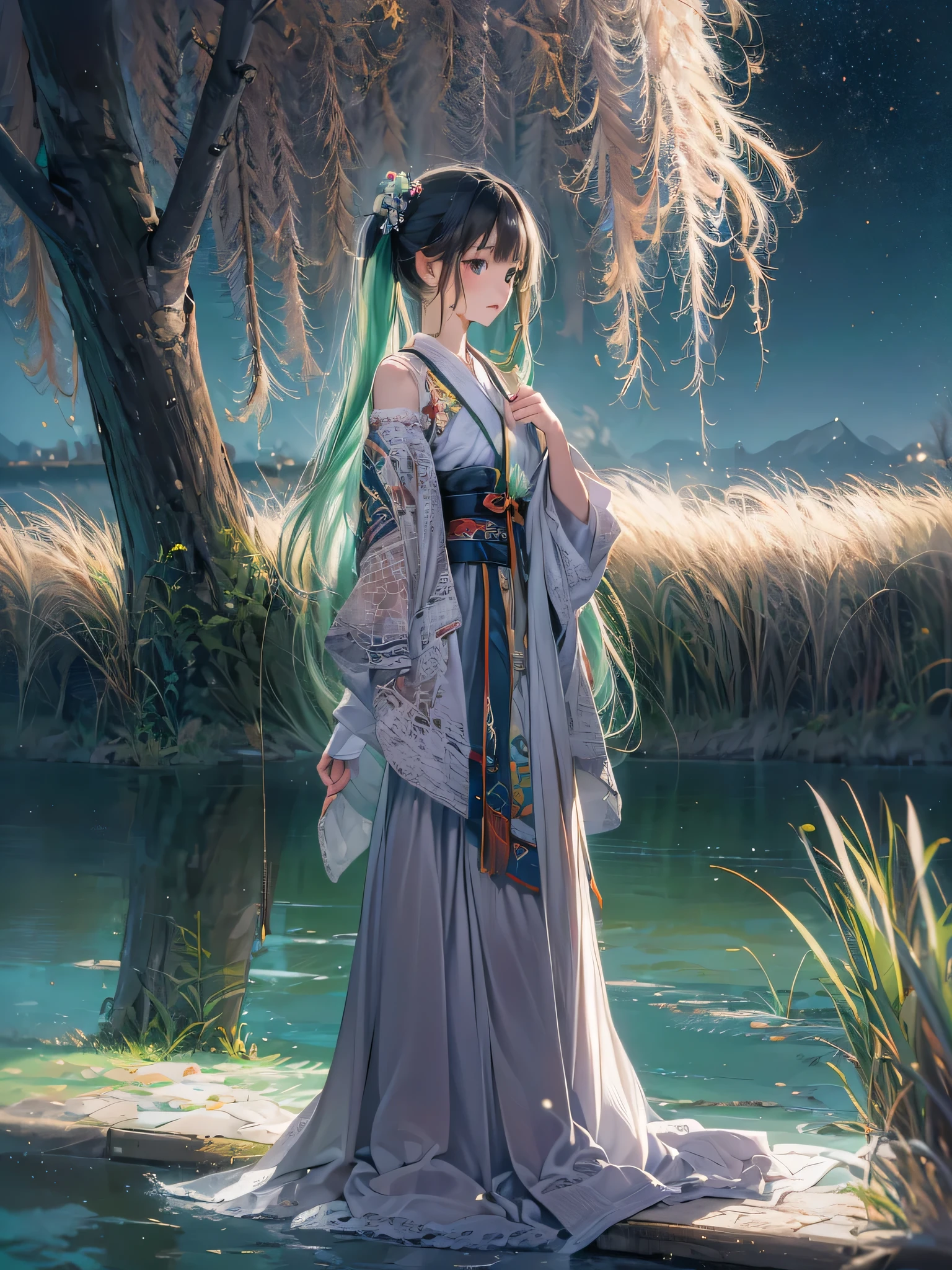 teen girl solo, Spoiled face, Black twin tail hair, light green colored hanfu princess dress, standing near a small river , under the weeping willow, At night. full moon back,