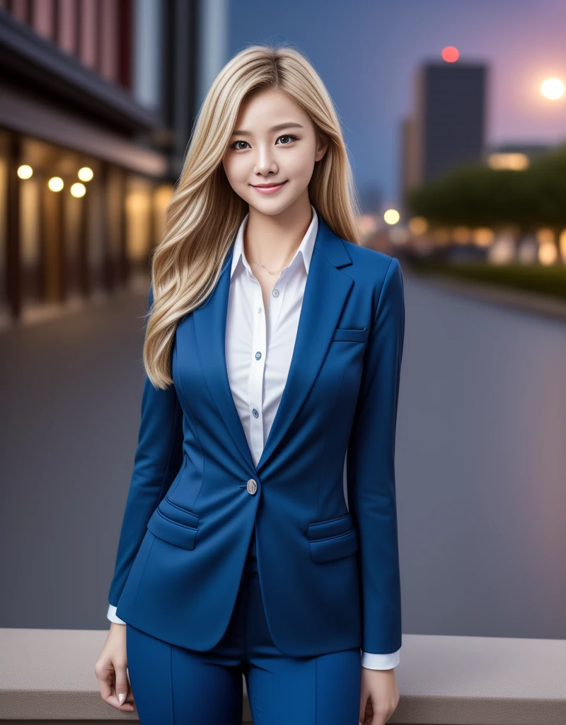 tmasterpiece，Highest image quality，super detailing，(1 Sister), The beautiful, amazing face and eyes, Delicate and beautiful face, (The best look), (The beautiful大胸:1.1), (Best quality at best:1.4), (ultra - detailed), (extremely detaild的 CG unified 8k wallpapers), Very meticulous, RAW photogr, professional photoshooting, ((buisness suit)),  (Open business shirt),blond hair blue eyes，Outdoor sports, (down town, nightcity, rays of moonlight), (nigh sky), depth of fields,Accurate depiction，The sexiest look，The beautiful捕梦网耳环，Enchanted smile，face flushed，