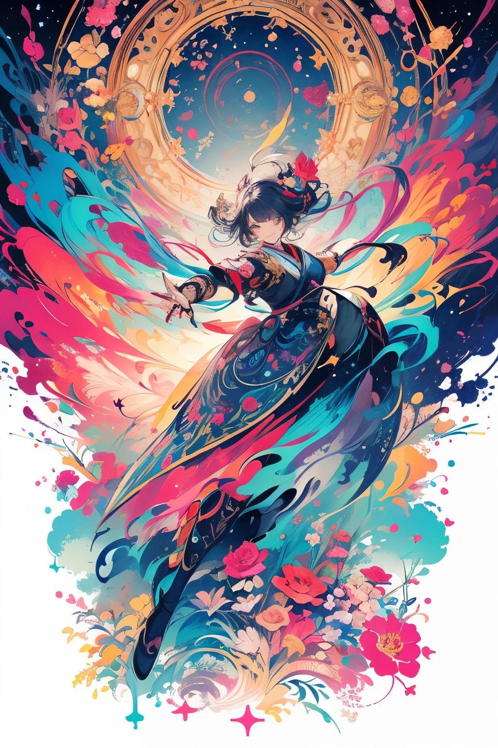 (​masterpiece、top-quality、top-quality、Official art、Beautifully Aesthetic:1.5)、Painterly、sketch、Texture、超A high resolution、独奏、Beautuful Women、A smile、すごくA smile、A highly detailed、(Fractal Art:1.1)、(colourfull:1.1)、(florals:1.5)、The most detailed、(Zentangle:1.2)、(Dynamic Poses)、(Abstract background:1.3)、(shinny skin)、(Many colors:0.8)、(耳环:1.4)、(pluma:0.9)、Taisho romance