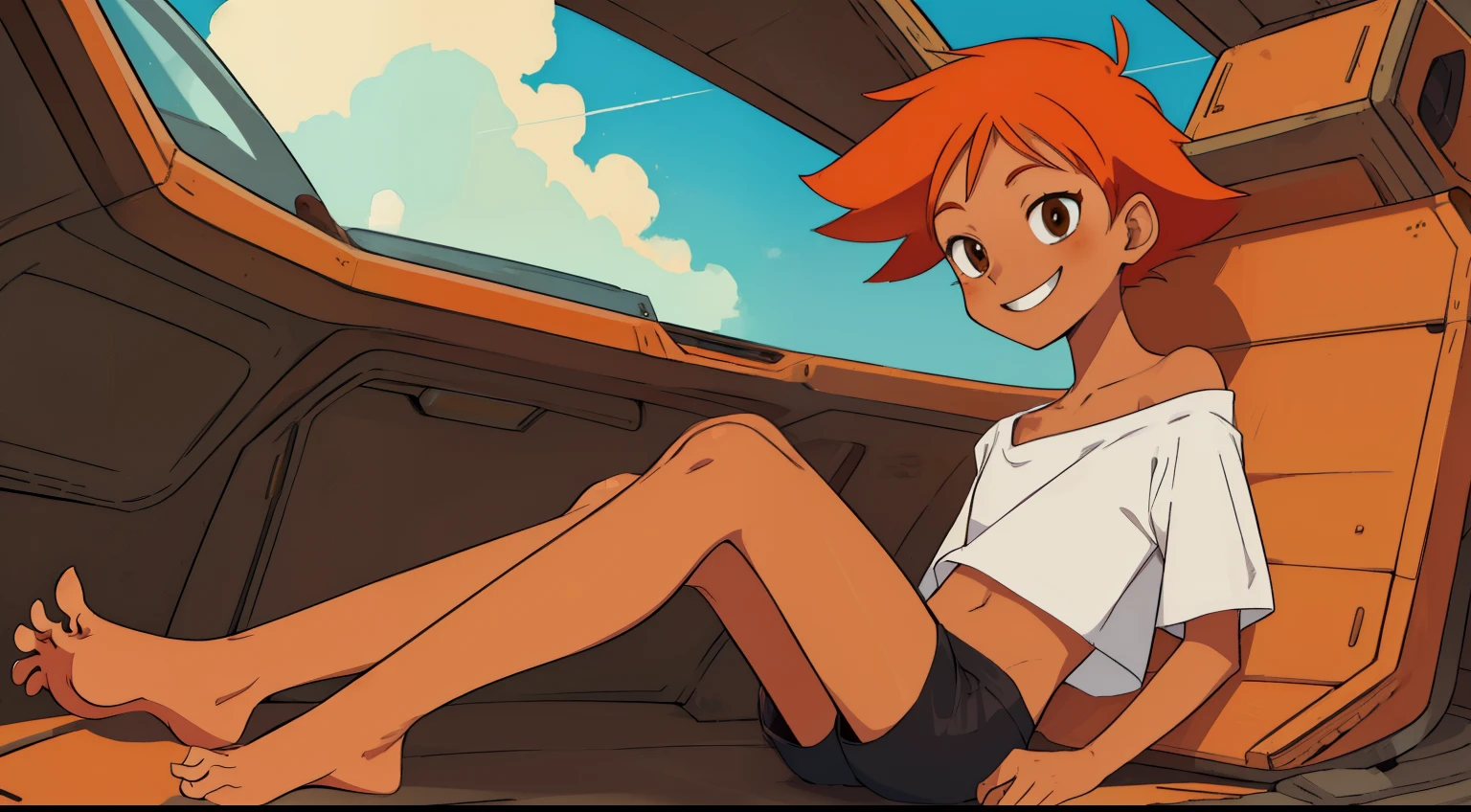 Edward,midriff,orange hair,white shirt,off shoulder,collarbone,tan skin, black bike shorts, barefoot, (((perfect feet))) goggles on forehead, brown eyes, spaceship, upper body,sitting,smiling,(insanely detailed, beautiful detailed face, masterpiece, best quality),