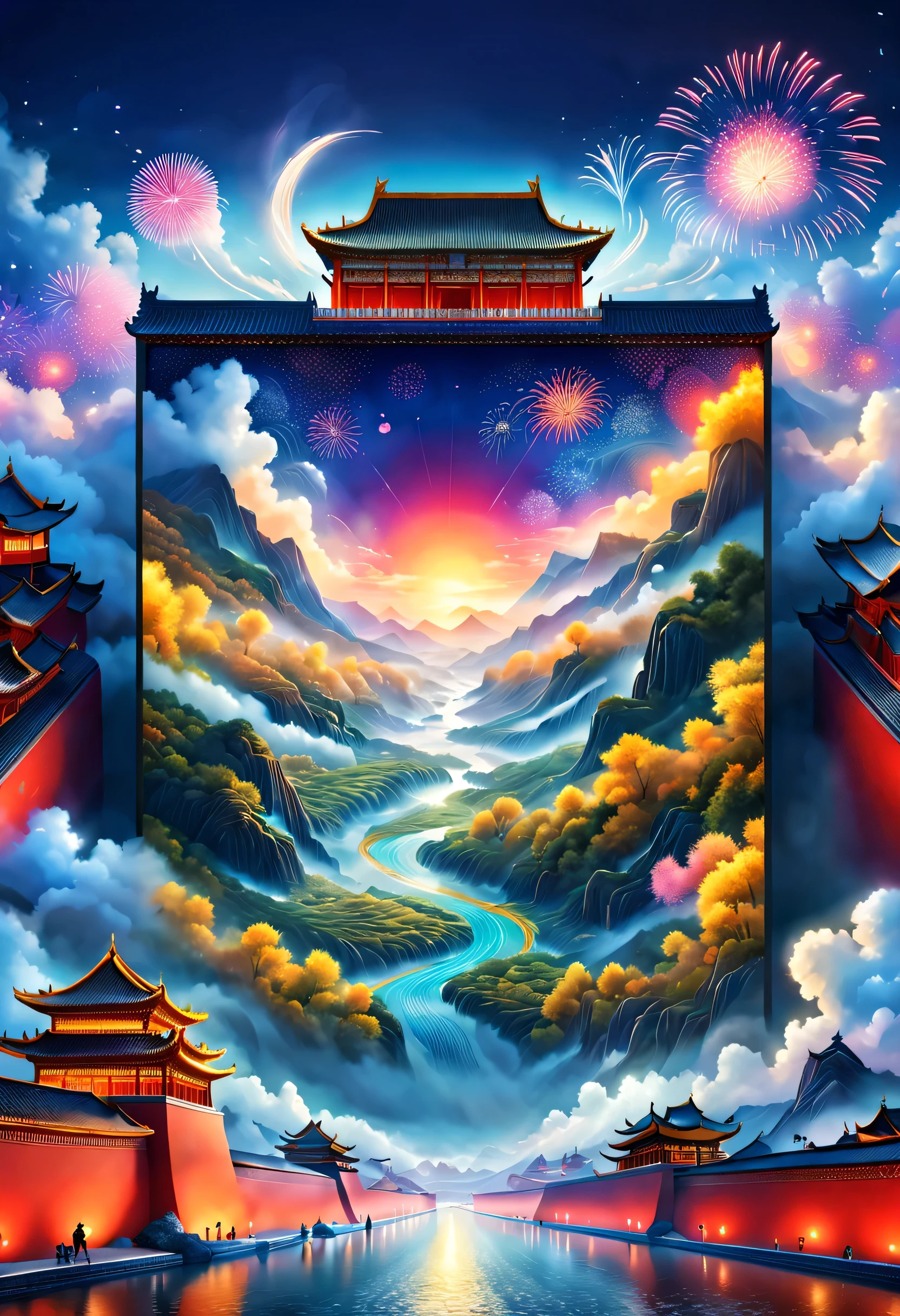 （巨幅LED screen幕巨型投影《Thousands of miles of rivers and mountains map》Scene on the red wall of the Forbidden City in China），（宫殿红墙上的投影屏幕巨幅LED screen幕金色2024和Happy new year：1.37）），Inspired by Wang Ximeng of the Northern Song Dynasty《Thousands of miles of rivers and mountains map》Uniformity，Light show，Fireworks bloom in the sky, Many ribbons and confetti fall in the air, (a happy new year)，Giant LED screen：It is 147 meters long、宽27米的Giant LED screen如同一幅徐徐展开的古画，Playing with the《Thousands of miles of rivers and mountains map》figurative，Render dynamic images，Panoramic intelligent orchestration，
Valerio Orgiatti,author：Shigeru Ban,globalillumination,colored lighting,modern, The content is very detailed, Best quality at best, tmasterpiece, A high resolution, Photofigurative realism, hyper realisitc, actual, 8K,LED screen，high - tech，