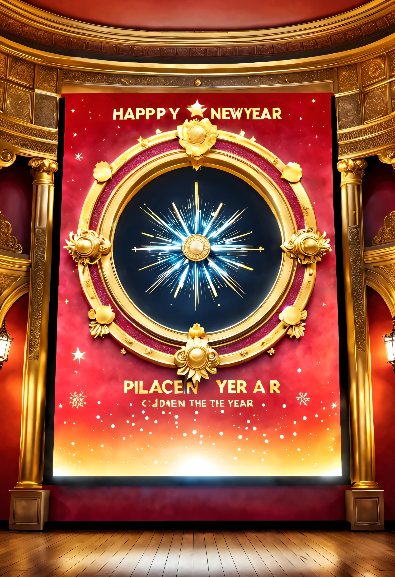 Projection screen huge LED screen golden year 2024 and happy new year on red wall of palace：1.37）