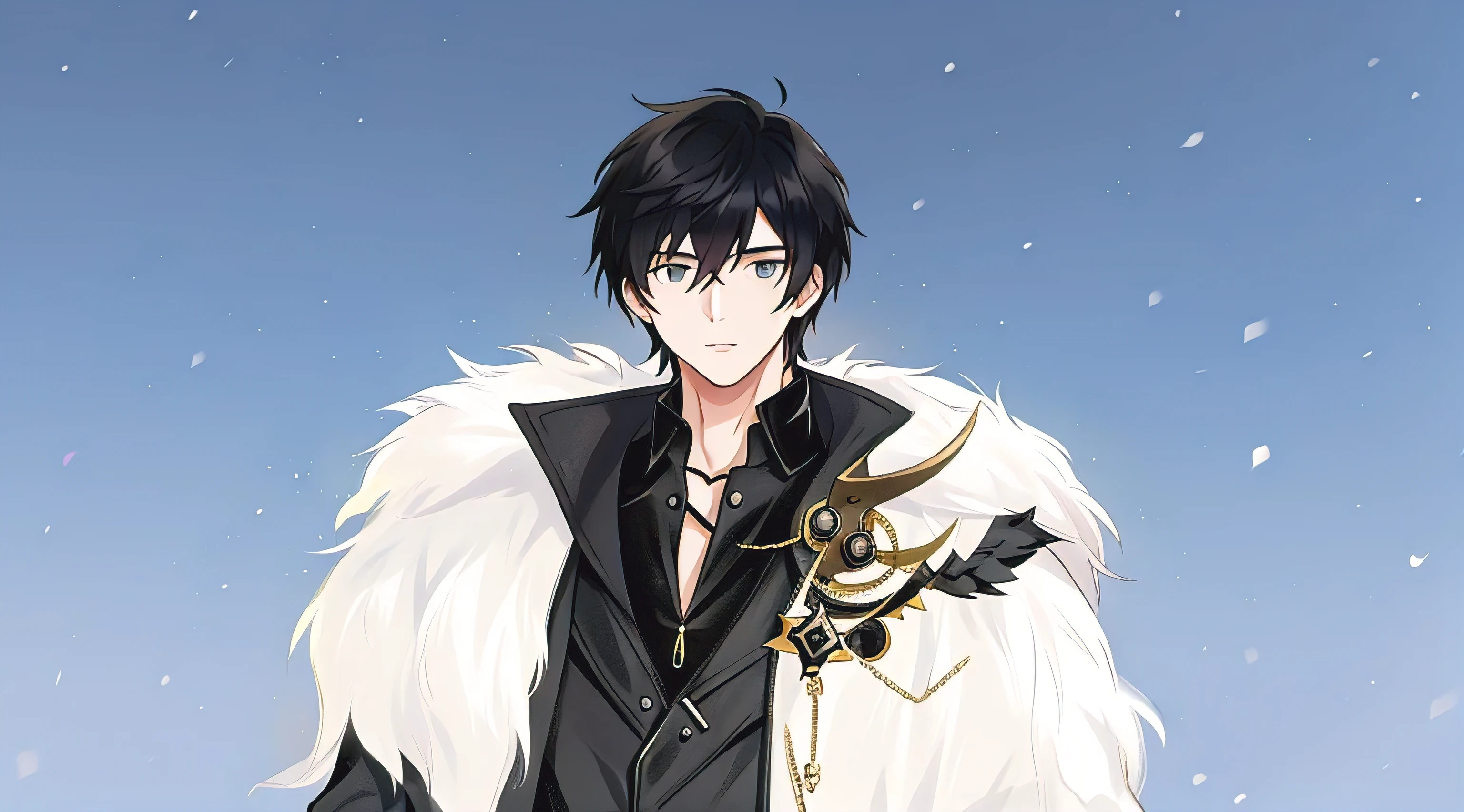 There is a man in the photo,black color hair,Short hair detaillack top,white fur coat,