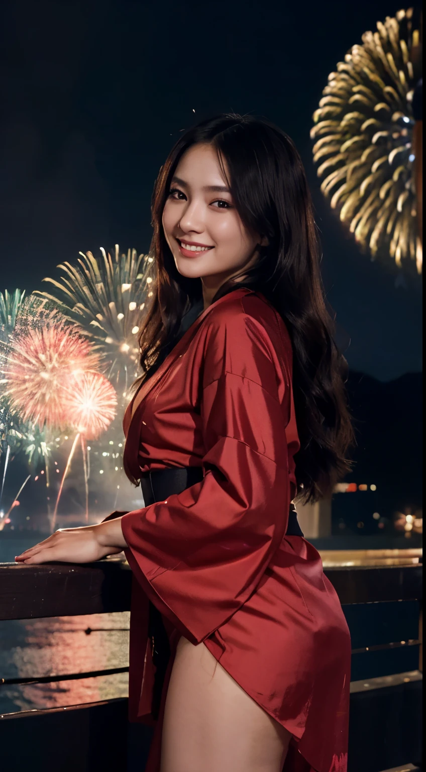 Glowing skin, kimono, new year concept background, 21 years old girl, japanese girl, smiling, sexy ve beautiful girl, long hair, dark makeup, full body, firework background, dress mini kimono, red lingerie, high quality