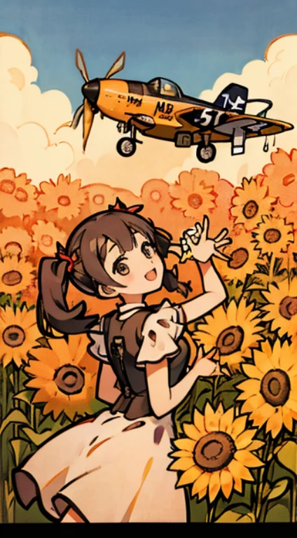 A masterpiece image of a girl in an open field, walking and one airplane (((P-51 Mustang))) passing over her head, 1944, sunflower field, view from below and from her back