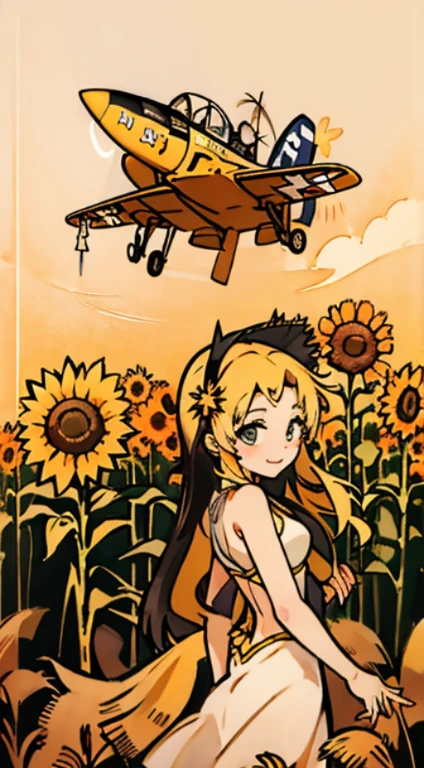A masterpiece image of a girl in an open field, walking and one airplane (((P-51 Mustang))) passing over her head, 1944, sunflower field, view from below and from her back