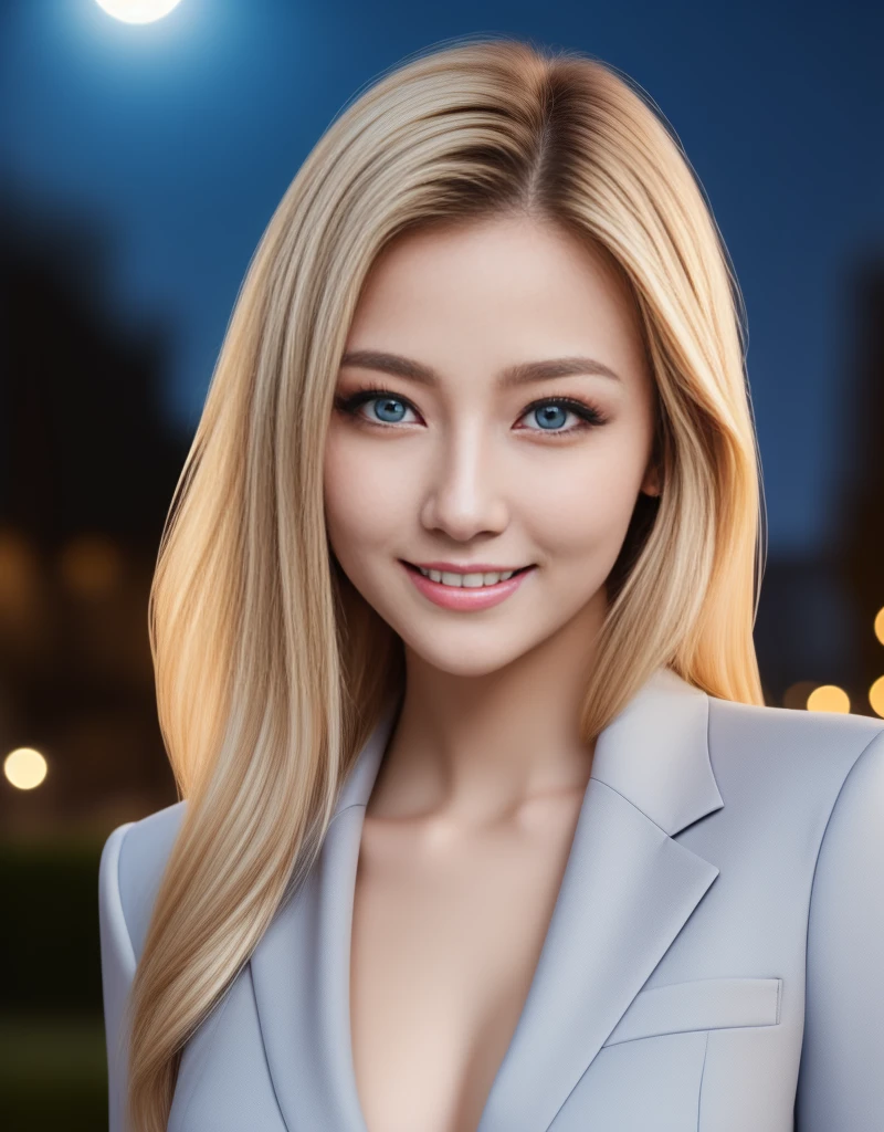 tmasterpiece，Highest image quality，super detailing，(1 Sister), The beautiful, amazing face and eyes, Delicate and beautiful face, (The best look), (The beautiful大胸:1.1), (Best quality at best:1.4), (ultra - detailed), (extremely detaild的 CG unified 8k wallpapers), Very meticulous, RAW photogr, professional photoshooting, ((buisness suit)),  (),blond hair blue eyes，Outdoor sports, (down town, nightcity, rays of moonlight), (nigh sky), depth of fields,Accurate depiction，The sexiest look，The beautiful捕梦网耳环，Enchanted smile，face flushed，