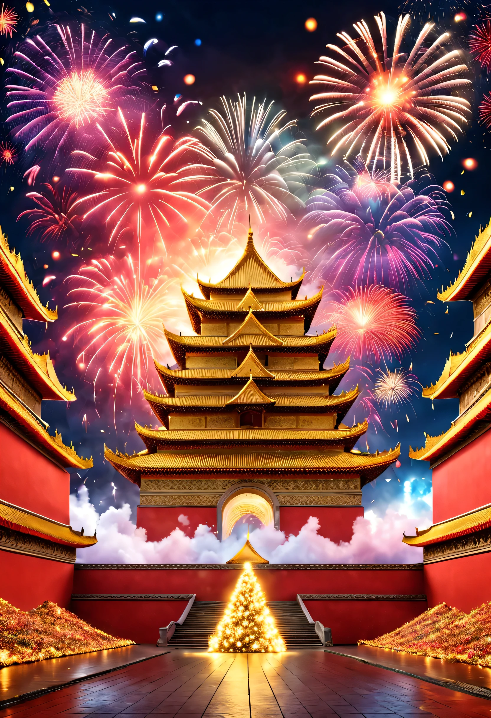 (宫殿红墙上巨大的LED投影屏上投射着金色的2024和a happy new year.），Fireworks bloom in the sky, Many ribbons and confetti fall in the air, (a happy new year)，