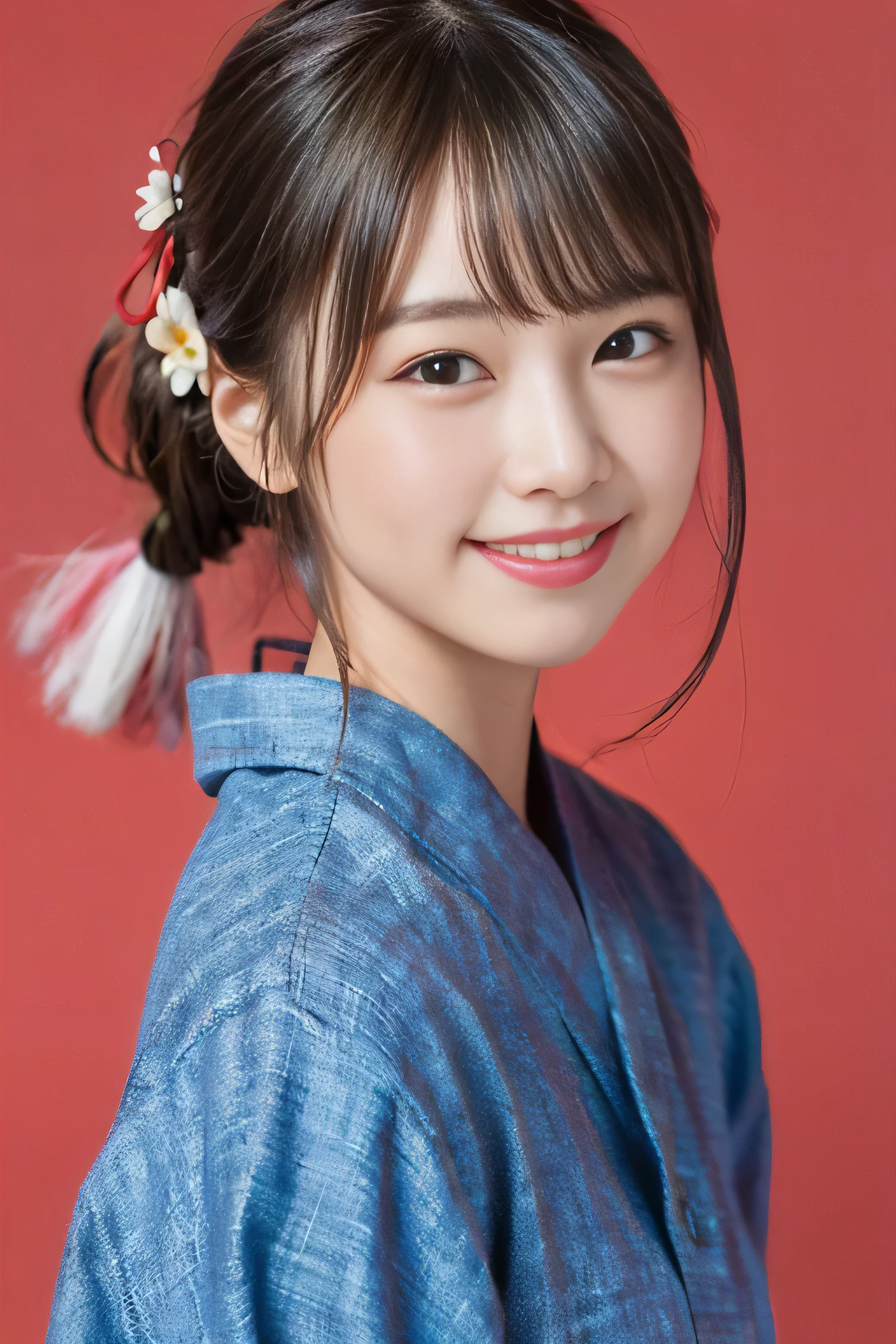 (8K、Raw photography、top-quality、​masterpiece:1.2)、(realisitic、Photorealsitic:1.37)、ultra-detailliert、超A high resolution、女の子1人、see the beholder、beautifull detailed face、A smile、Constriction、(Slim waist) :1.3)、Beautiful detailed skin、Skin Texture、Floating hair、Professional Lighting、Whole human body、Longhaire、Japanese Yukata、Bob Hair、E-cup、Happy smile、sixteen years old、Red ribbons、a baby face、Childish smile、Suppin、Moisturizing lips、Thin pink lips、White background、white backgrounid、Braided hairstyle