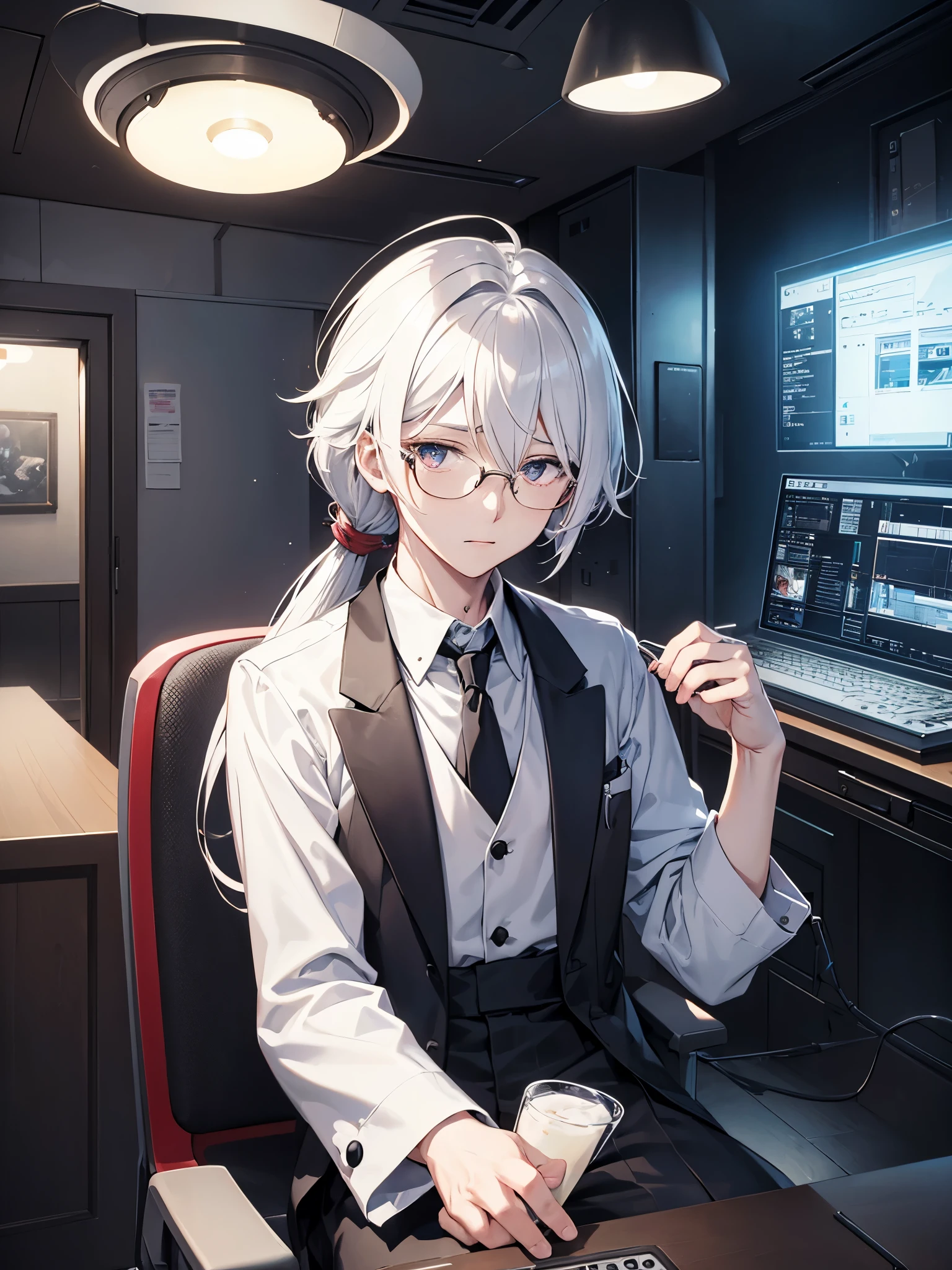 （masutepiece）（high-detail）male in his 20s、One、white  hair、poneyTail、Hats、tailcoat、neck tie、He wears round glasses with no rims、sit a chair、He has bandages wrapped around his left and right arms.（put it on your chin）、Background with（An electronic world that feels like science fiction、A space that feels like inside a machine、Virtual space、near future、Darker）