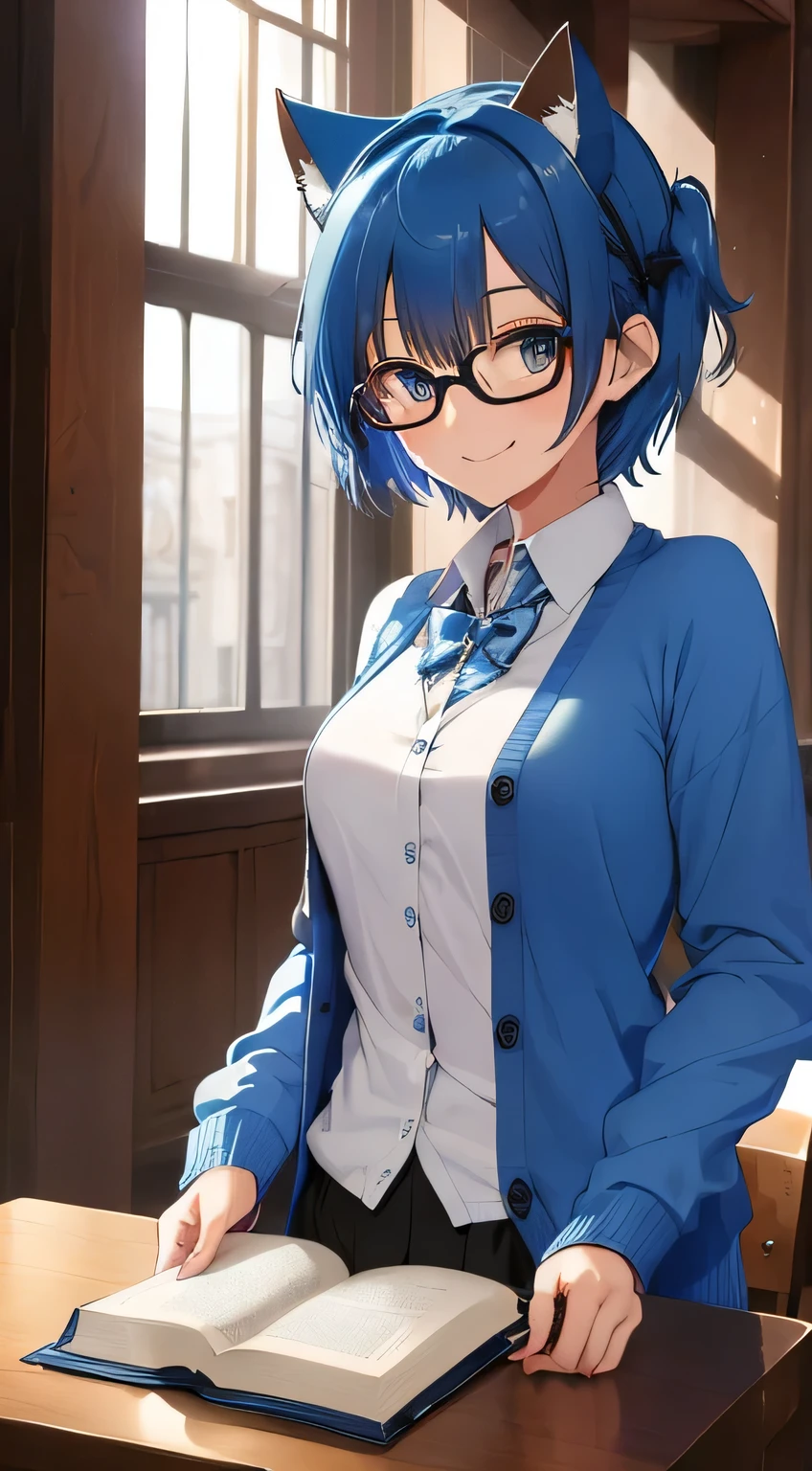 ((best quality)), ((masterpiece)), ((highres)), A man, smile, blue hair and eyes, sharp short hair with blue cat ears, wearing round glasses with thick lenses, wearing a casual cloth and a blue cardigan, sit in chruch alone with bible on the table, morning