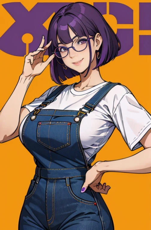 masutepiece, Best Quality:1.2),Detailed face, Detailed inner corner of the eye、 Lady、eye glasses、Trimmed bangs、Patsun、Straight hair、Okappa、purple color  hair、Purple eyes、Large breasts, sexy big ace mail, Denim overalls, Wide pantal bodies lesbian、A smile、piece sign