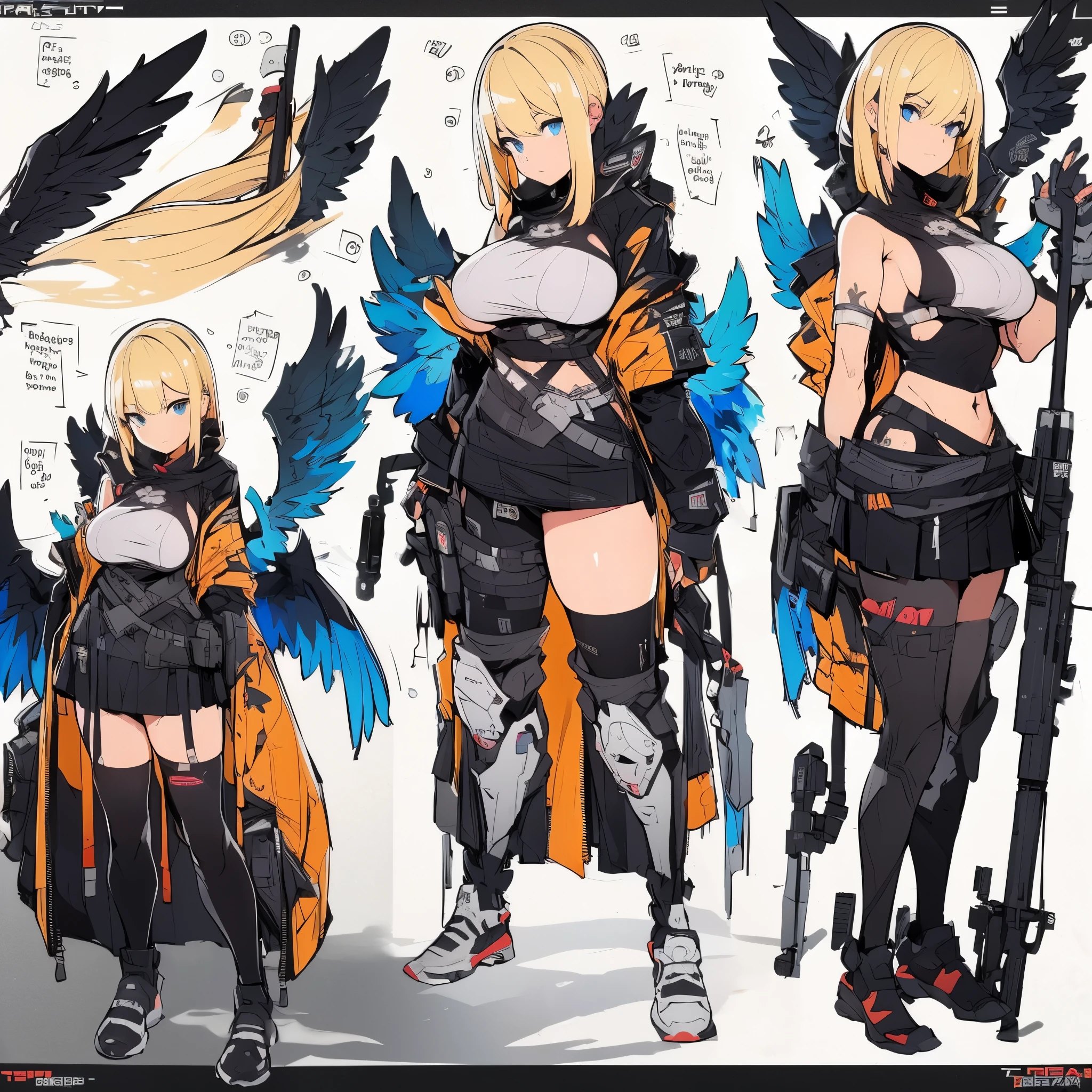 masterpiece, top-quality, high_resolution, fine detailed, highly detailed and beautiful, Distinct_image, 1 rapariga, 独奏, (huge-breasted), (tits out),(Blonde Long)、a miniskirt、Sniper rifle、(large wings)