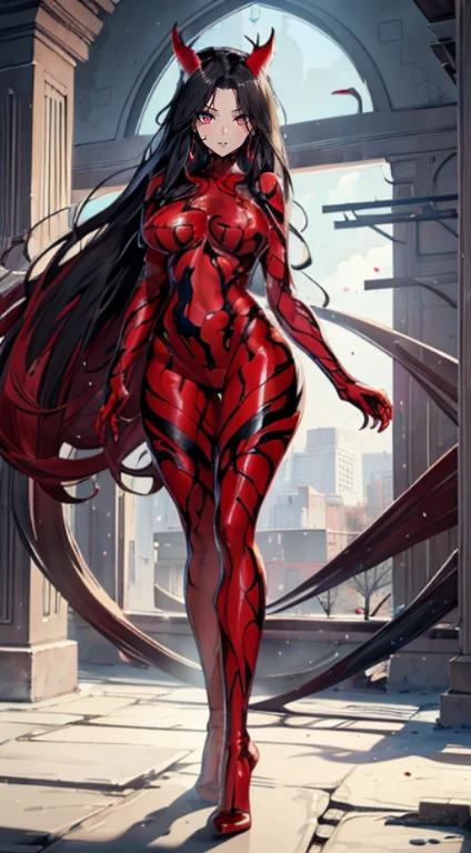 a beautiful woman,(Fusion with the red and black symbiote:2.0),she is a spiderman,The whole body is covered in red and black mucus,The perfect symbiote,(tight clothes:1.8),(Tall guy:1.8),(slender figures:1.4),(legs long:1.7),Hair to the shoulders,long and flowing hair,(Delicate eyes:1.6),perfect body figure,voluptuous figure,Plump breasts,Plump buttocks,Slender legs,Well-proportioned legemale carnage:1.9),(Full body red tights:2.0),(Red symbiote tights:1.9)High heeled beauty,Perfect facial features,is a perfect face,delicated face,beautidful eyequisite Eyeinely quality eyes,dentes pontiagudos,Hands are very thin,perfect hand,(sharp talons:1.8),red - eyed,(standing on your feet:1.8),perfectquality,Perfect painting,Number of works,truly a masterpiece,Highest resolution,Just the right lighting,perfect detail,Full body like,SVSC,Blood dripping