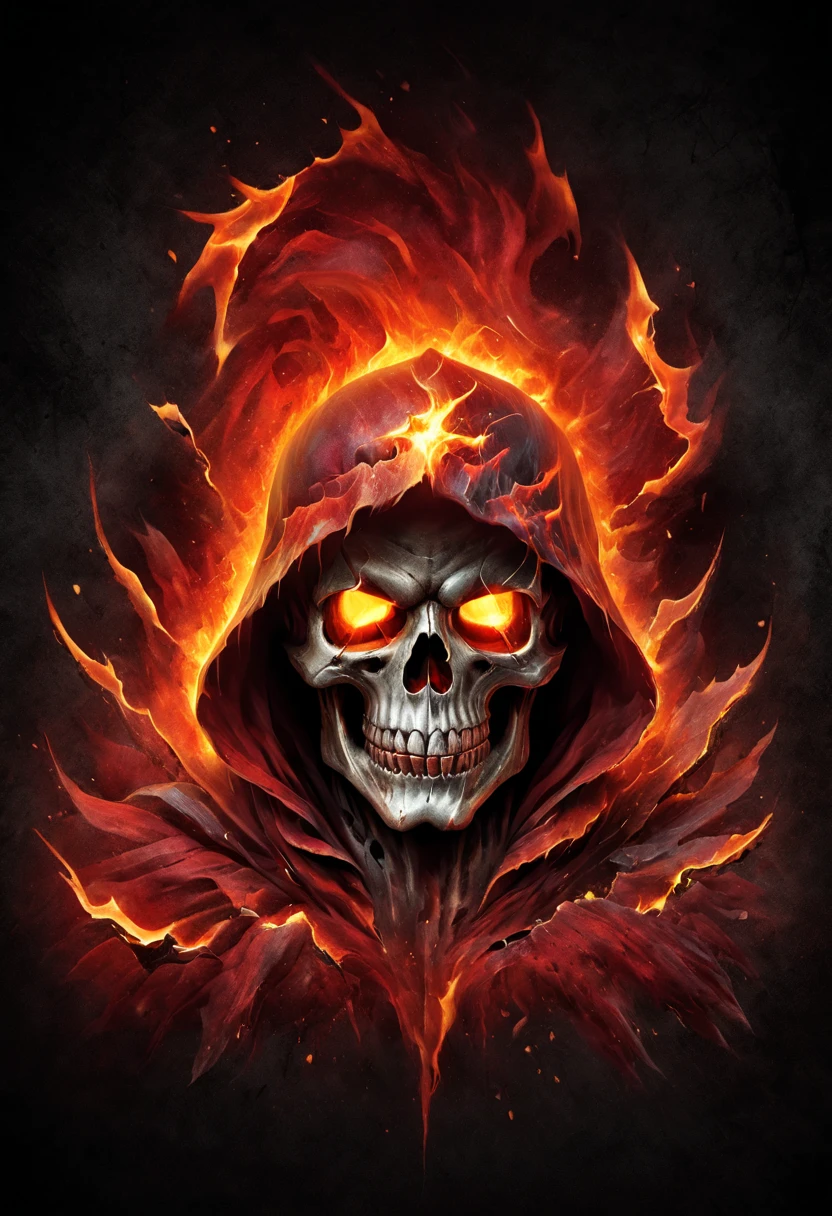 a close up of a skull with a hood and a cape, flaming grim reaper, beautiful male god of death, ghost rider, fiery skull contemplating life, glowing red skull, grim reaper, the grim reaper, 8 k highly detailed ❤🔥 🔥 💀 🤖 🚀, flaming skull, the king of death, evil death, dark but detailed digital art design,t shirt design,beefy style,design only,white background,no model,professional,high contrast,high-res,ultra-detailed,vivid colors,metallic accents,sharp focus,edgy,dynamic composition,gritty texture,rough brush strokes,mechanical elements,chrome effect,classic typography,retro style,distressed look,aggressive lines and curves,3D rendering,striking visual impact,dark shadows,strong branding presence,monochromatic palette,industrial aesthetic, helmet samurai /imagine prompt: skull fire with gun llustration for a logo with a black background, in bold outline style, jagged edges, trashcore, light shading --v 5.2