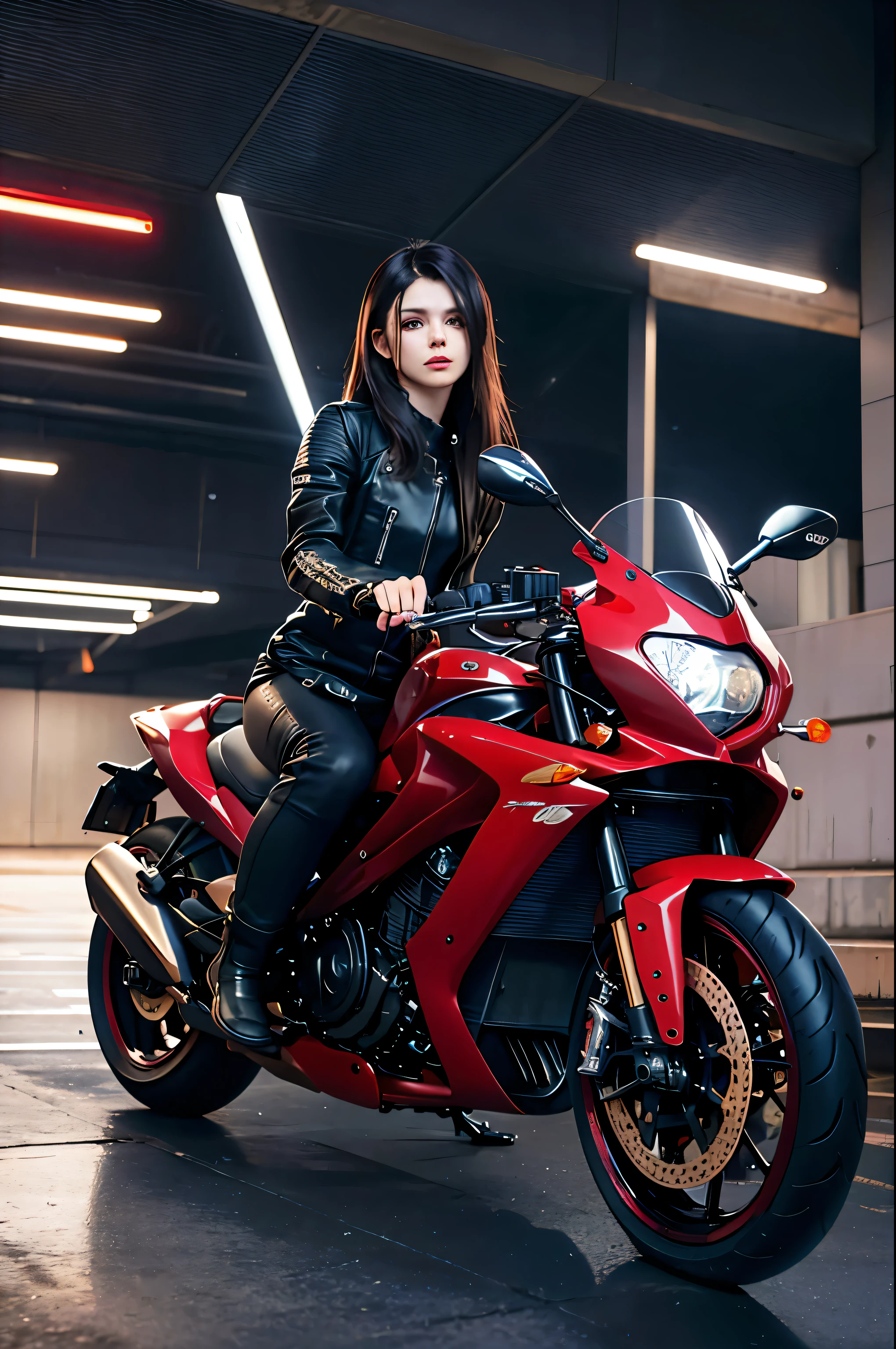 araffe sitting on a red motorcycle in a parking garage, sitting on cyberpunk motorbike, sitting on a motorcycle, motorbiker, riding a motorcycle, motorcycle, 🚿🗝📝, motorcycles, riding a futuristic motorcycle, picture of a female biker, 8 k highly detailed ❤🔥 🔥 💀 🤖 🚀, picture of a male biker, red and cinematic lighting