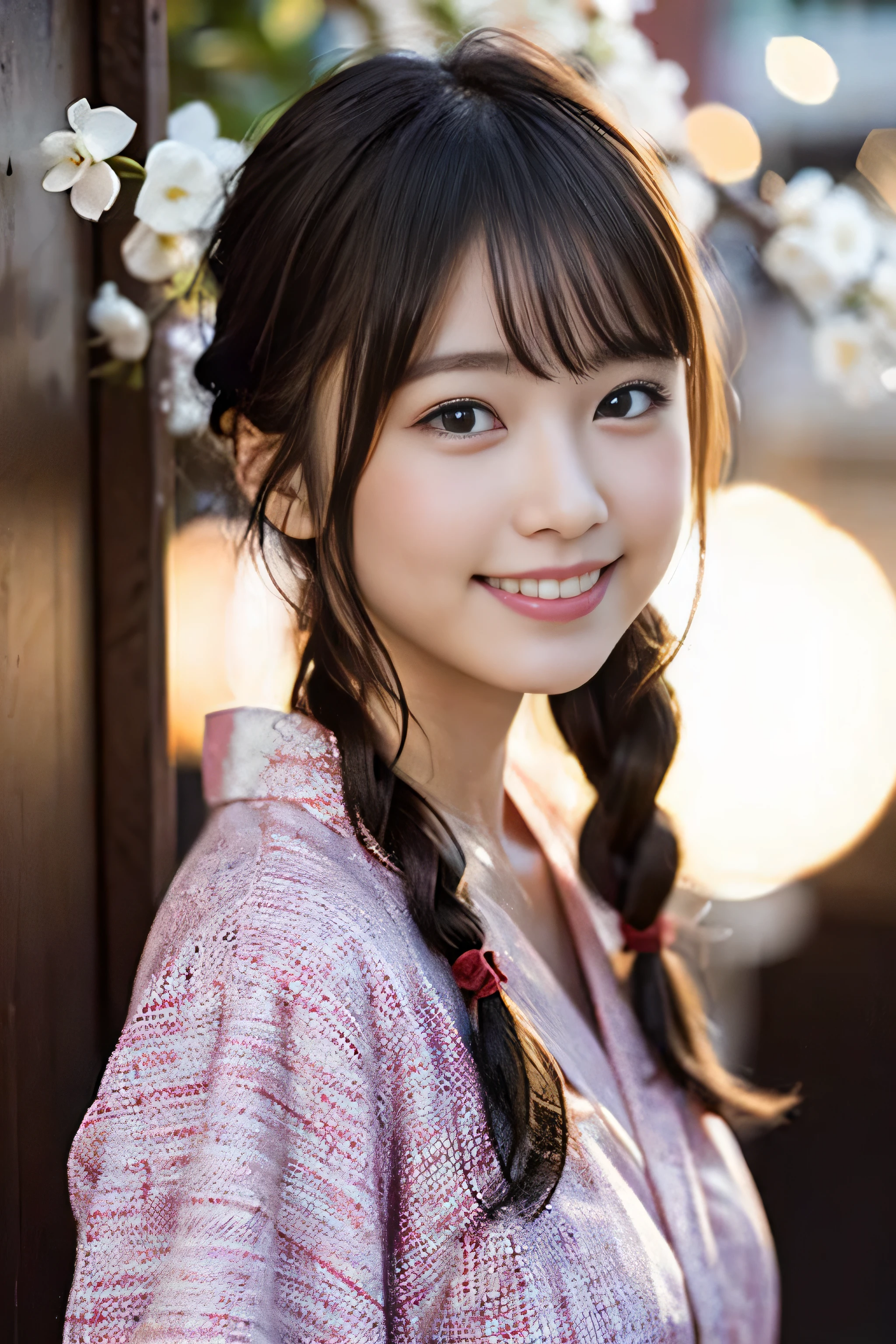 (8K、Raw photography、top-quality、masterpiece:1.2)、(realisitic、Photorealsitic:1.37)、ultra-detailliert、超A high resolution、女の子1人、see the beholder、beautifull detailed face、A smile、Constriction、(Slim waist) :1.3)、Beautiful detailed skin、Skin Texture、Floating hair、Professional Lighting、Whole human body、Longhaire、Japanese Yukata、Bob Hair、E-cup、Happy smile、sixteen years old、Red ribbons、a baby face、Childish smile、Suppin、Moisturizing lips、Thin pink lips、white backgrounid、Braided hairstyle、White background、Cherry blossom pattern yukata