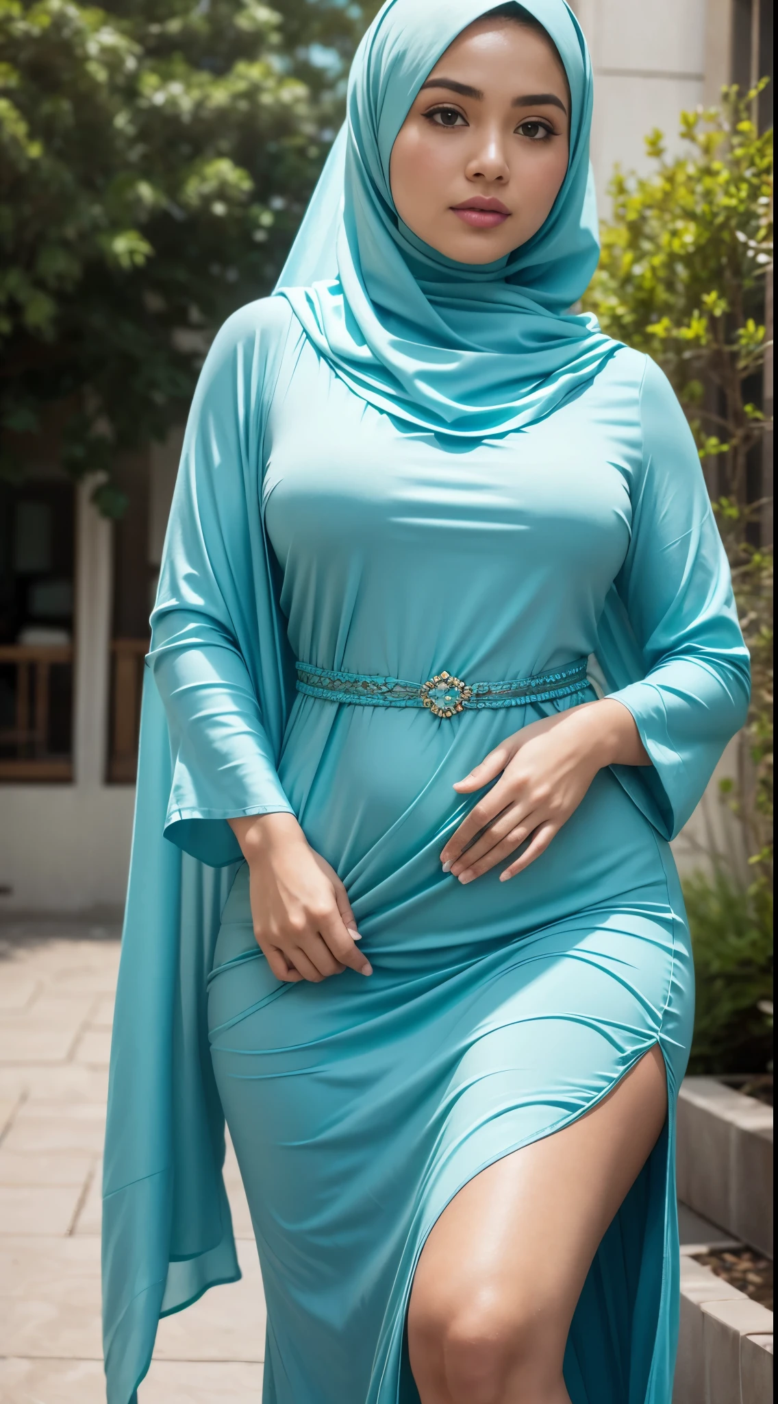 ( Close Up),RAW, Best quality, high resolution, masterpiece: 1.3), beautiful Malay woman in hijab,Masterpiece, perfect fit body, big breast,big gorgeous eyes, Soft smile,beutiful face,thick thighs, close up of a woman wearing a blue dress and a scarf, turqouise, long dress with apron, long dress female, with teal clothes, turquoise, belly free teal dress, idian dress, icey blue dress, modest flowing gown, teal tunic, flowing aqua silk, blue tunic, sky - blue dress, dress in voile, dressed thobe, long tunic, (Delicate turtleneck) , shairband, afternoon walk, City garden, Excellent lighting, Bright colors, Clean lines,