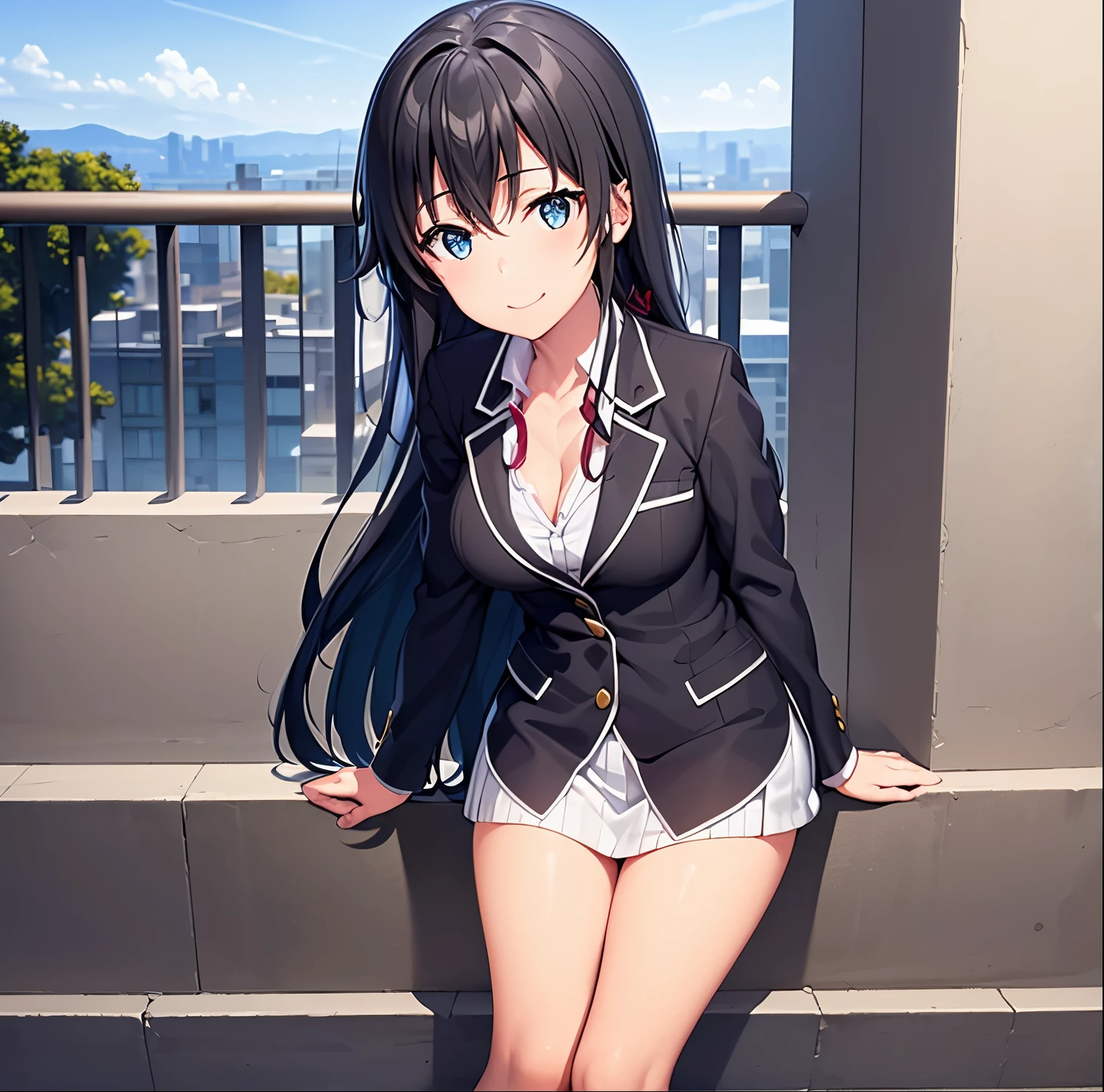 (masterpiece, best quality, detailed), 1girl, alone, yukino yukinoshita, long hair, hair ribbon, looking at viewer, office lady, collared shirt, cleavage, lanyard, wristwatch, sleeves rolled up, high-waist skirt, brown pantyhose, outdoors, rooftop, day, cityscape, blue sky, cloud, scenery, railing, leaning forward, hanging breasts, smile, closed mouth,small breasts, medium waist, medium hips, wide thighs, good anatomy, good hands