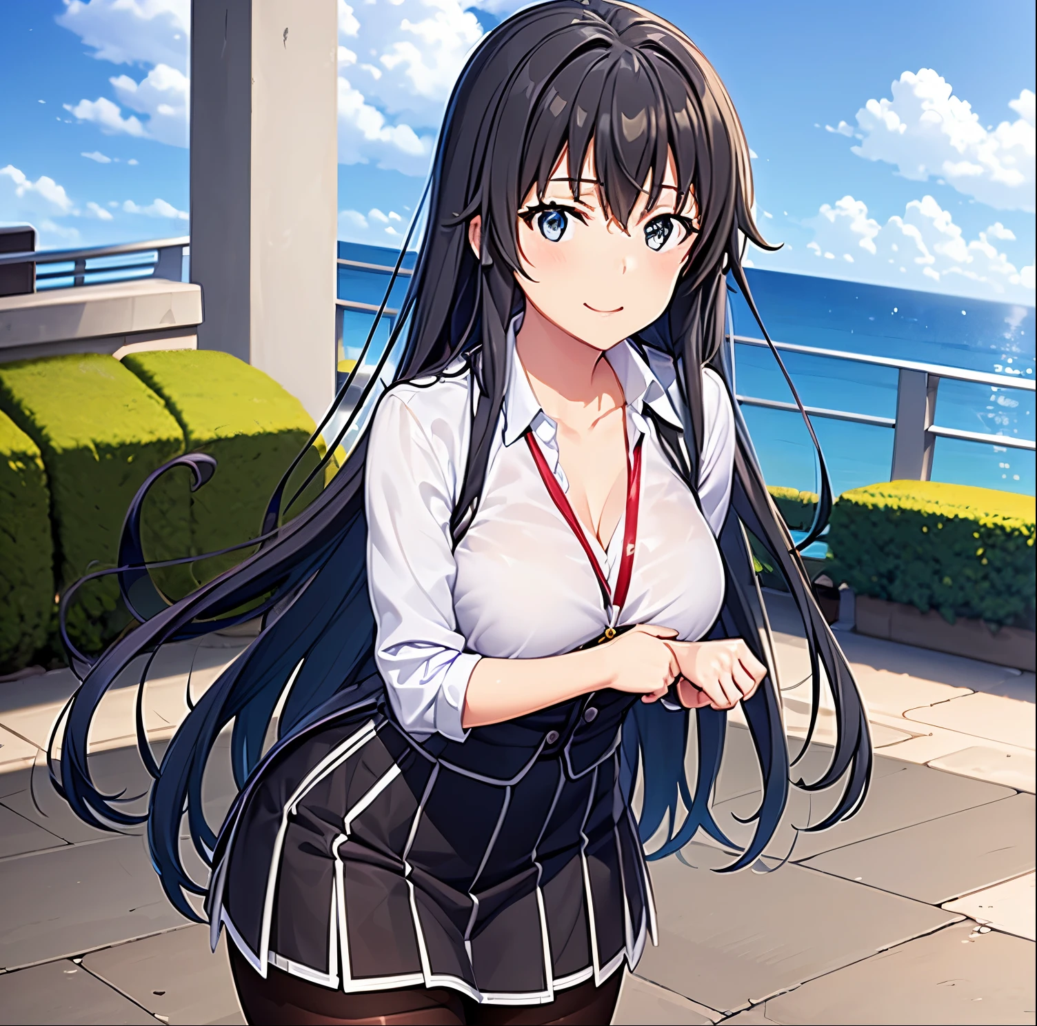 (masterpiece, best quality, detailed), 1girl, alone, yukino yukinoshita, long hair, hair ribbon, looking at viewer, office lady, collared shirt, cleavage, lanyard, wristwatch, sleeves rolled up, high-waist skirt, brown pantyhose, outdoors, rooftop, day, cityscape, blue sky, cloud, scenery, railing, leaning forward, hanging breasts, smile, closed mouth,small breasts, medium waist, medium hips, wide thighs, good anatomy, good hands