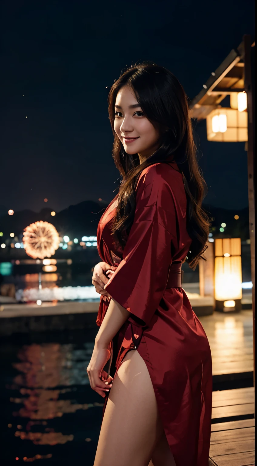 Glowing skin, kimono, new year concept background, 21 years old girl, japanese girl, smiling, sexy ve beautiful girl, long hair, dark makeup, full body, firework background, dress mini kimono, red lingerie