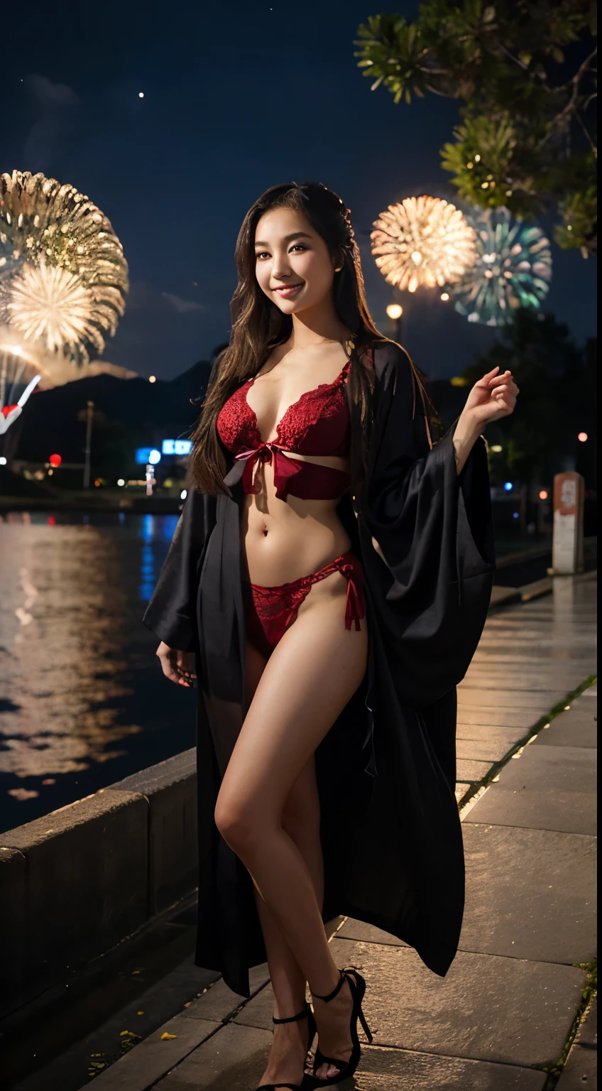 Glowing skin, kimono, new year concept background, 21 years old girl, japanese girl, smiling, sexy ve beautiful girl, long hair, dark makeup, full body, firework background, dress mini kimono, red lingerie