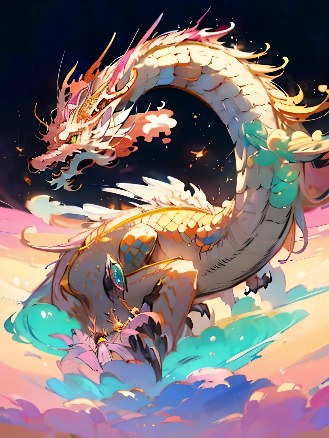 "With a breathtaking sky, In the distance, 虹色の鱗を持つ雄大な白いThe dragon、Take to the sky with a golden sunset behind you. The dragon'Emerald eyes、It undulates its long body and flies into the sky.。In this scene、I need a realistic photo-like digital illustration. Lighting should capture the warm hues of the sunset, A mesmerizing glow shines on The dragon'scale.、Creates beautiful shadows under the wings. Camera Shot Type、Must be a medium shot with a wide-angle lens, Give grandeur to mythical creatures. The resolution is、Must be 8K to ensure highly detailed rendering and realistic visual effects.however,By making it more comical、,I have to get rid of the scary impression..."