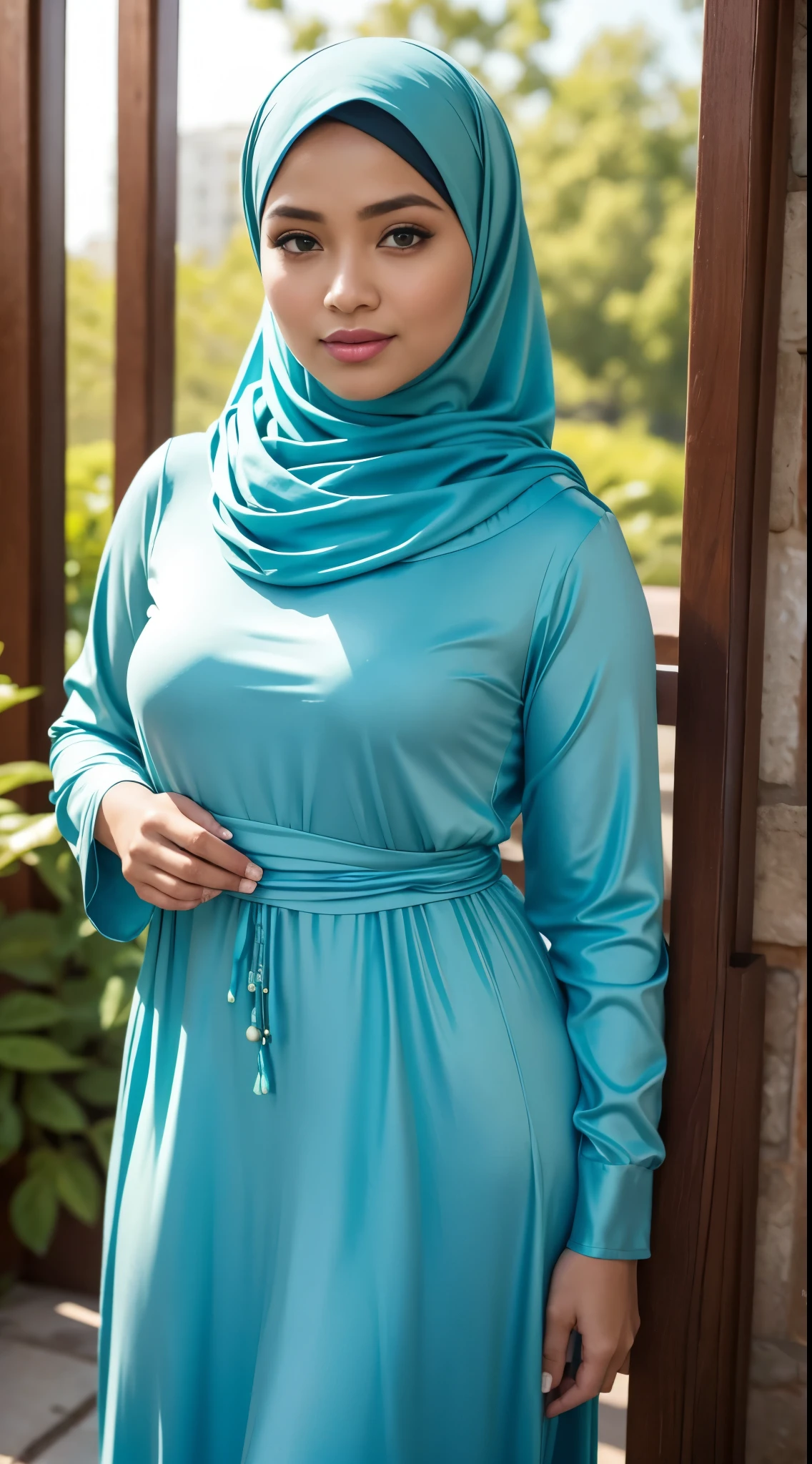 ( Close Up),RAW, Best quality, high resolution, masterpiece: 1.3), beautiful Malay woman in hijab,Masterpiece, perfect fit body, big breast,big gorgeous eyes, Soft smile,beutiful face,thick thighs, close up of a woman wearing a blue dress and a scarf, turqouise, long dress with apron, long dress female, with teal clothes, turquoise, belly free teal dress, idian dress, icey blue dress, modest flowing gown, teal tunic, flowing aqua silk, blue tunic, sky - blue dress, dress in voile, dressed thobe, long tunic, (Delicate turtleneck) , shairband, afternoon walk, City garden, Excellent lighting, Bright colors, Clean lines,