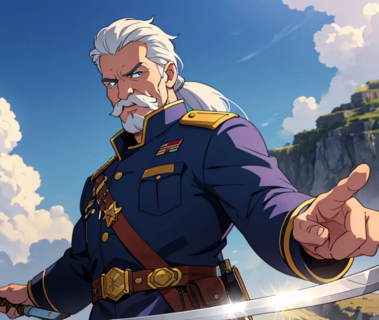 middle aged man with white hair that is tied in a ponytail, thick white mustache and blue eyes. He is wearing a military uniform and wields a massive sword, set in a fantasy world.