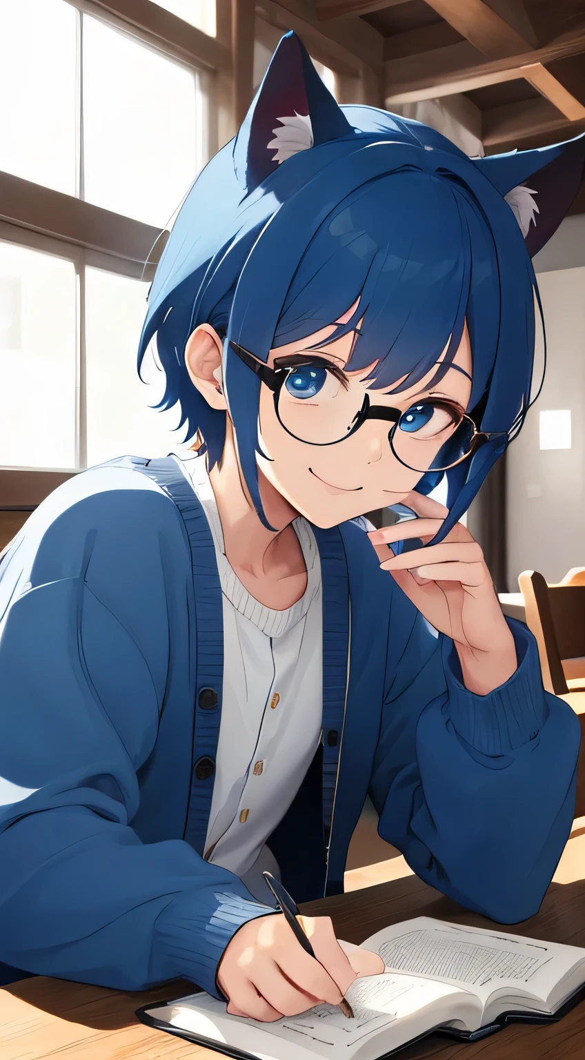 ((best quality)), ((masterpiece)), ((highres)), A man, smile, blue hair and eyes, sharp short hair with blue cat ears, wearing round glasses with thick lenses, wearing a casual cloth and a blue cardigan, sit in the chruch alone with bible on the table, morning