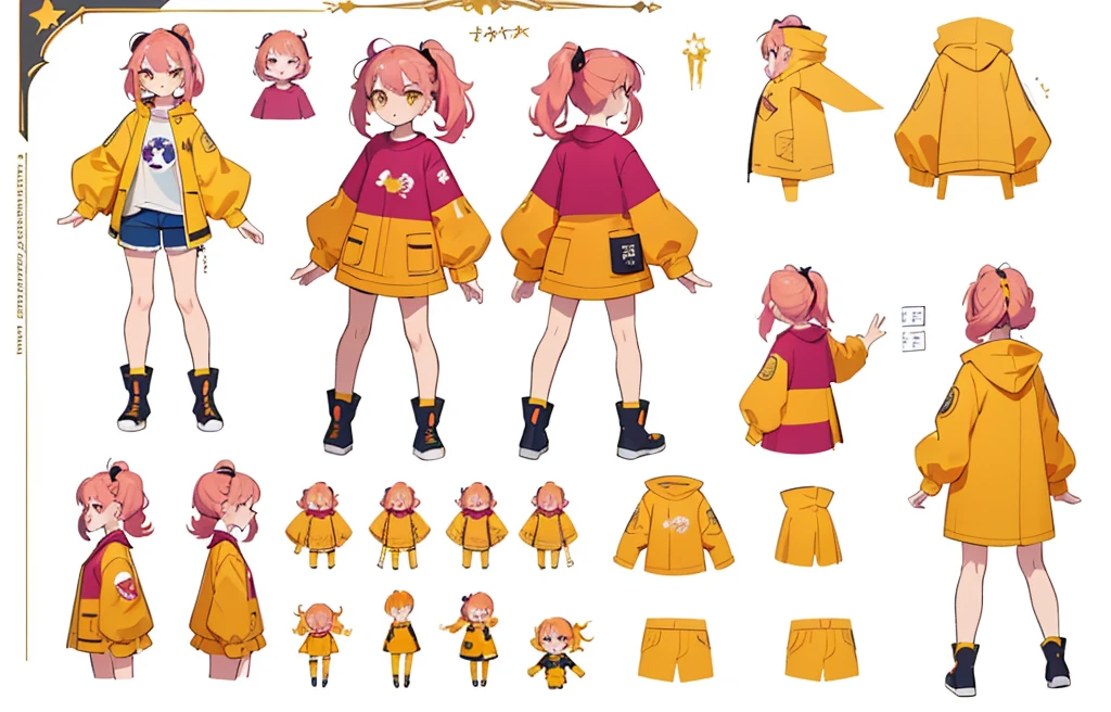 ((masterpiece)), (((best quality))), (character design sheet, same character full body, front, side, back), Illustration, 1 girl, hair color, magenta , side pony tail, long hair, star yellow eyes, environment change, pose kota, playful, female, mini t-shirt, short pant, yellow orange color raincoat , charturnbetalora, concept art, character concept art, character sketch, reference sheet, character sheet, ( background, white background: 1.3)