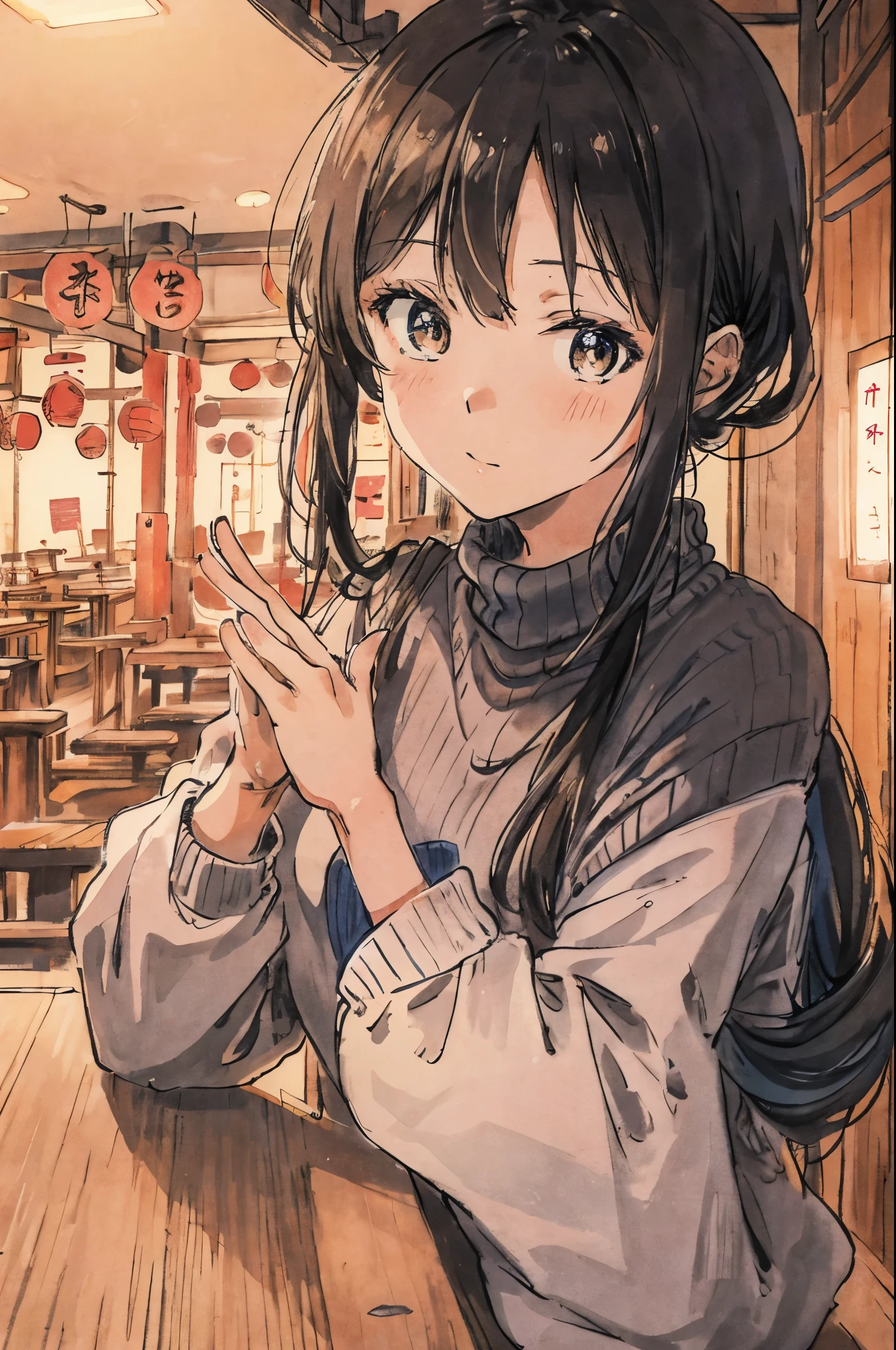 Japan tavern、A woman in a sweater sitting at a counter seat、Wave your hand at us、I'm a little far away、