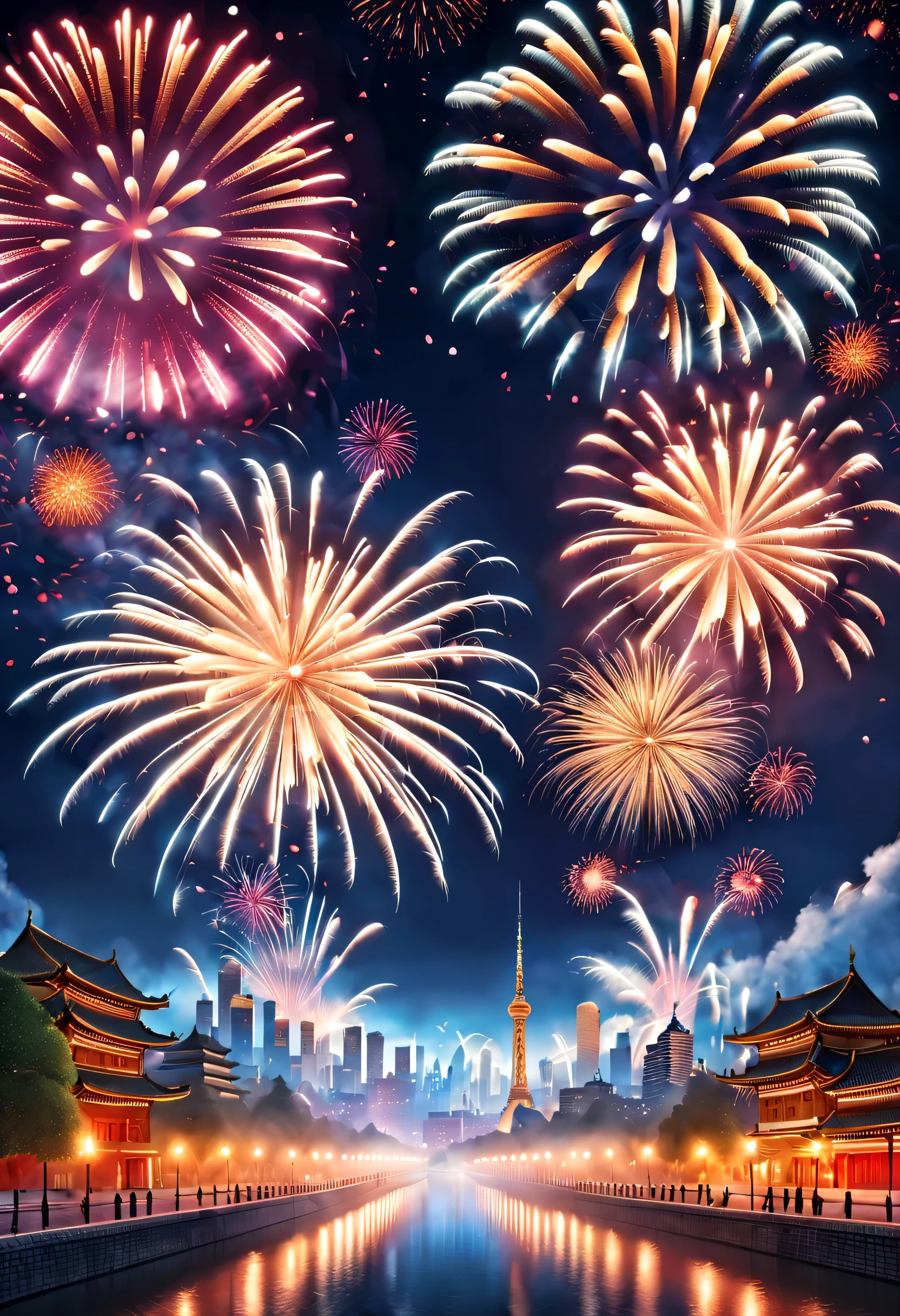 (中国故宫宫殿红墙上巨大的LED投影屏上投射着金色的2024和a happy new year.），Fireworks bloom in the sky, Many ribbons and confetti fall in the air, (a happy new year)，