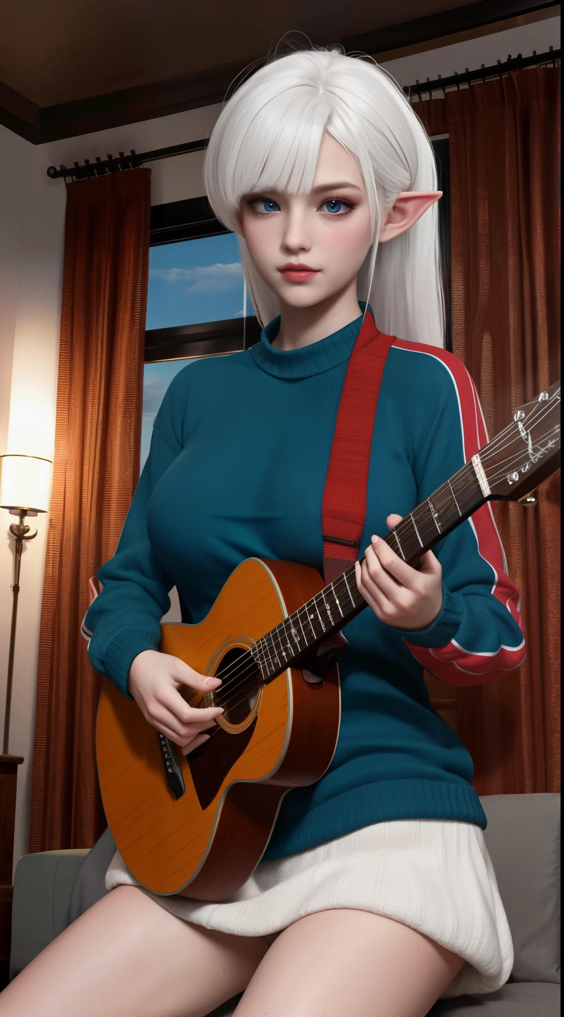 ((masterpiece, best quality)), official art, unity 8k wallpaper, ultra detailed, an elf woman, with a ((guitar)) in her hands and a joy in her eyes, BREAK, highly detailed of (elf), (1girl), solo, big breast, perfect face, details eye, Blunt bangs, (hair between eye), white hair, blue eyes, eyelashes, eyeshadow, pink eyeshadow, in the style art by Artgerm, by Kawacy, by Yoshitaka Amano, BREAK, flat jumper, knitwear, knitwear design, knitted sweater, cables, cables composition, fishermans rib, woolen material, bright orange