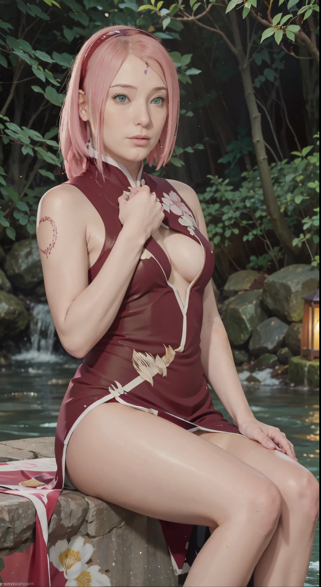 Sitting on a bridge full of river lanterns, feet playing in the water, the art depicts a charming woman dressed in a sakura flowing, silky traditional oriental dress, pink, decorated with intricate patterns and bright colors. Her dress drapes elegantly over her curvy figure, accentuating her seductive silhouette. She sits gracefully by the tranquil lotus lake, her feet playing in the water, bathed in the soft glow of the moonlight. The scene exudes an ethereal and dreamy atmosphere, with a touch of mystery and sexiness. The graphic style blends watercolor and digital illustration techniques to evoke a refined beauty and charm. The lights are filled with soft moonlight, casting soft highlights and shadows on her charming features. Bare thighs, big breasts, three-dimensional facial features, sitting, upturned legs, side braids , beautiful girl long pink hair and green eyes looks like sakura haruno from naruto