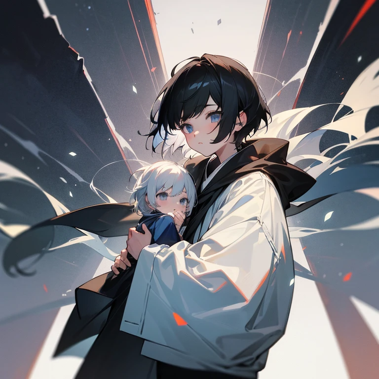 There is a boy and a girl, and the boy is、black hair kid、Girls、White-haired beautiful girl