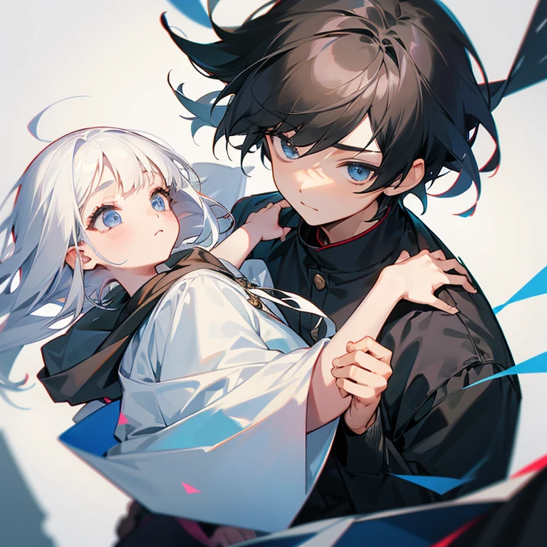 There is a boy and a girl, and the boy is、black hair kid、Girls、White-haired beautiful girl
