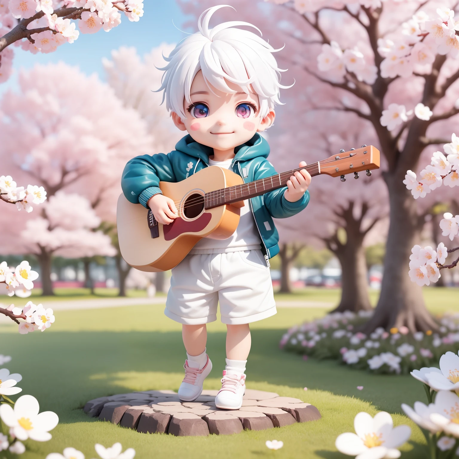 (masterpiece),(best quality),(ultra-detailed), (full body:1.2), 1boy,chibi,cute, smile, outdoors, playing guitar, music, holding guitar, jacket White, blush, park, shirt, short hair, cherry blossoms, blurry, White hair, blush stickers, long sleeves, white hair, flower red, jumping,(handsome detailed face), (beautiful detailed eyes),
