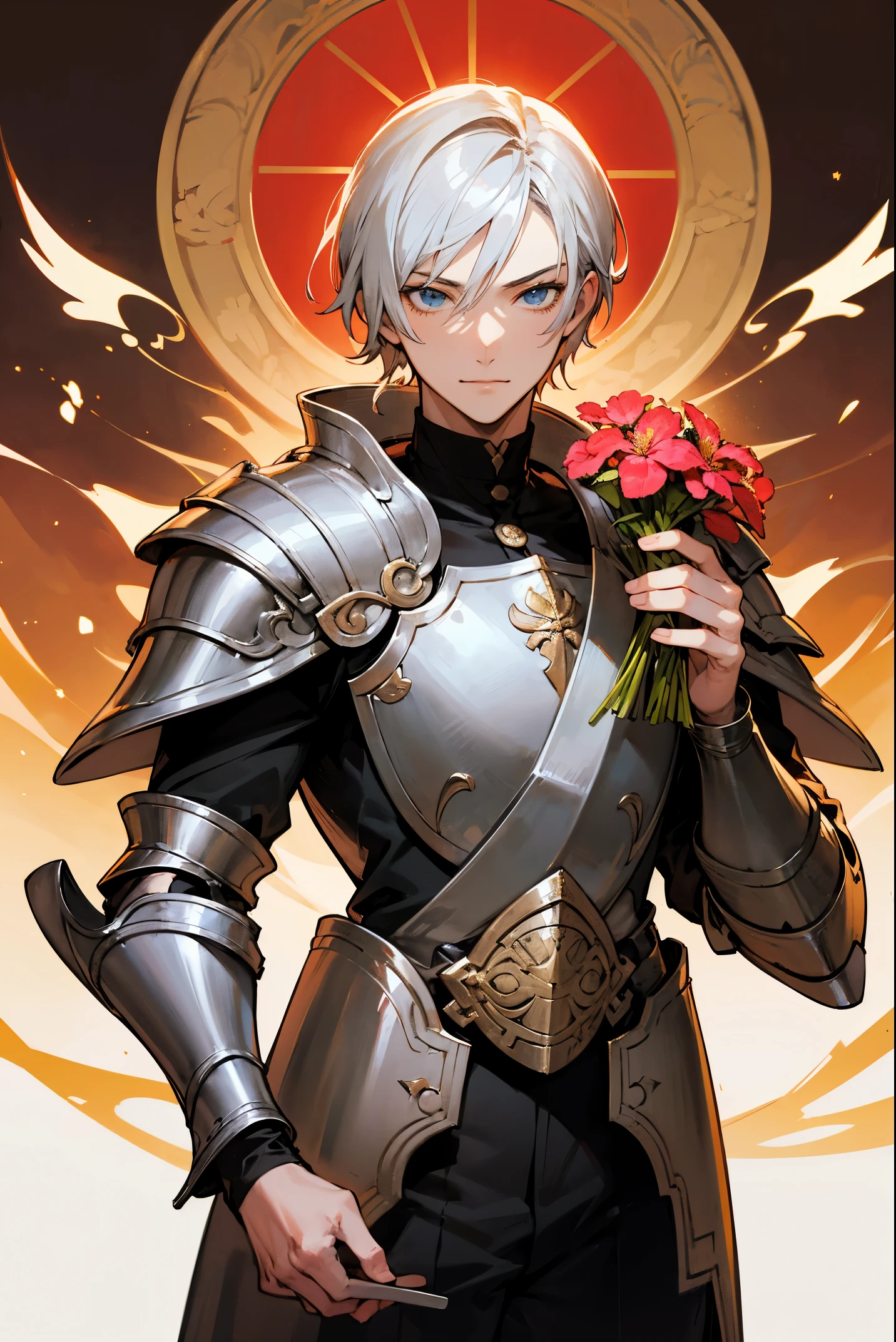 Anime-style image：One in armor、Positive Roman man holding a flower in his hand, I am the point, casimir art, Sajimi, , Handsome guys in art,, Illustrations by Soejima Shigenori, edelgard from fire emblem, bian lian, a human male paladin, Very detailed and beautiful fan art，ssmile，Red band