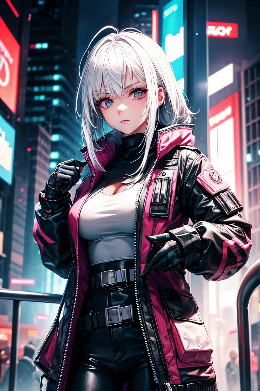 beautiful girl, cyberpunk style, white hair, ballistic vest