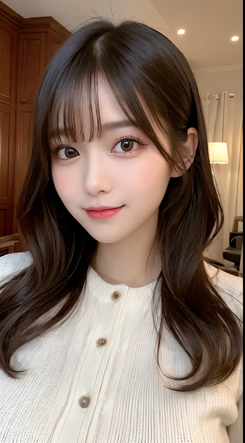 masutepiece, Best Quality, Illustration, Ultra-detailed, finely detail, hight resolution, 8K Wallpaper, Perfect dynamic composition, Beautiful detailed eyes, Gorgeous black fluffy Tokyo winter clothes,random cute hair,small tits,Natural Color Lip, Bold sexy poses、Smile、20 years girl、Cute、Sexy shot looking at camera,常にBlur the background,Perfect and beautiful face,Take only the face,beautiful and detailed face、slim face and style,Big eyes、Do gal makeup、Living room of luxury designer tower apartment、Blur the background、Cute hairstyles、pretty pose