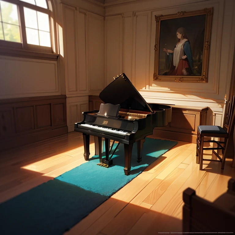 music room, com alguns instrumentos expostos e um piano. A sofa and some table with chairs, janelas com paisagens naturais