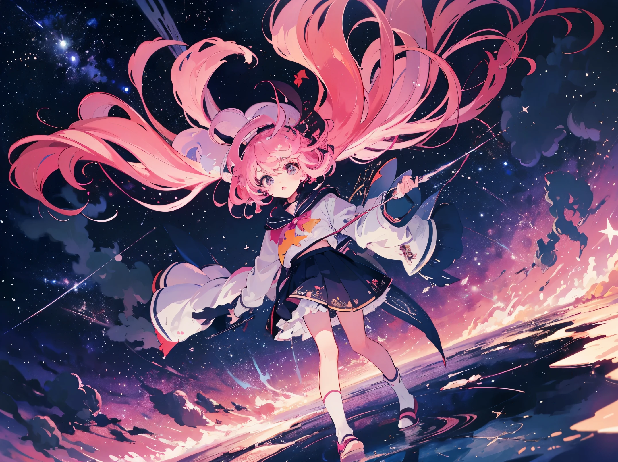 （tmasterpiece、quality、offcial art：1.2）、Just look at the audience、（））、（Sweater skirts）（with pink hair）（Panchira），star island、scattered with water debris、（Mercury Group），floating colorful starry sky、（2d：1.5）