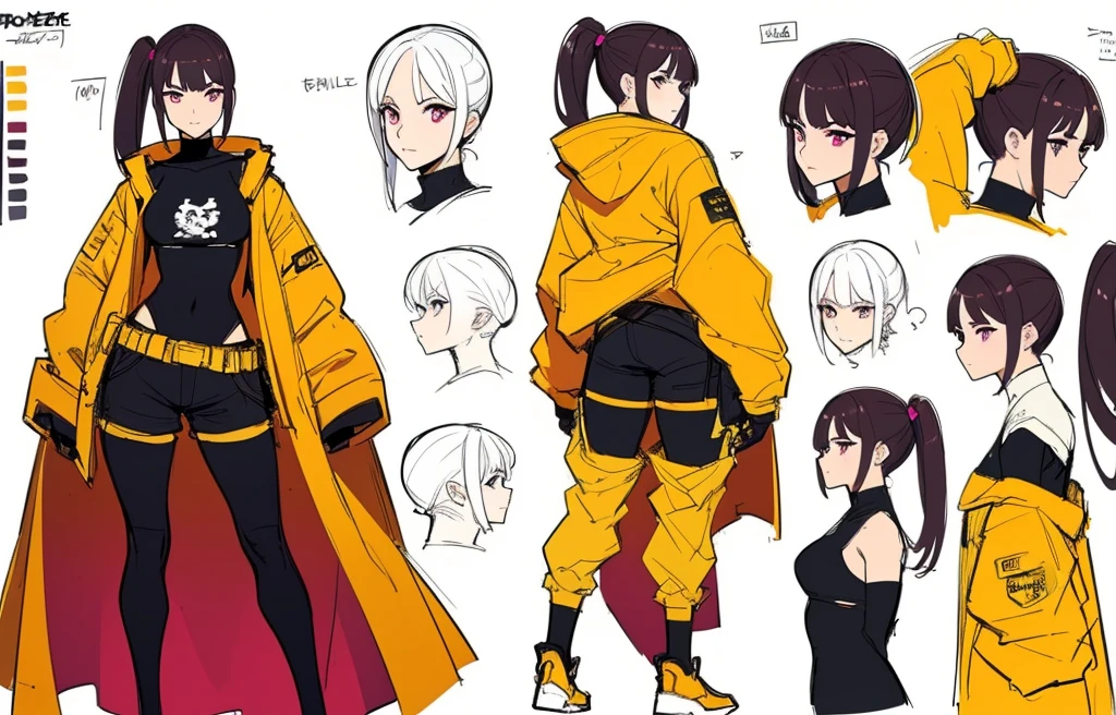 ((masterpiece)), (((best quality))), (character design sheet, same character full body, front, side, back), Illustration, 1 girl, hair color, magenta , side pony tail, long hair, star yellow eyes, environment change, pose kota, playful, female, mini t-shirt, short pant, yellow orange color raincoat , charturnbetalora, concept art, character concept art, character sketch, reference sheet, character sheet, ( background, white background: 1.3)